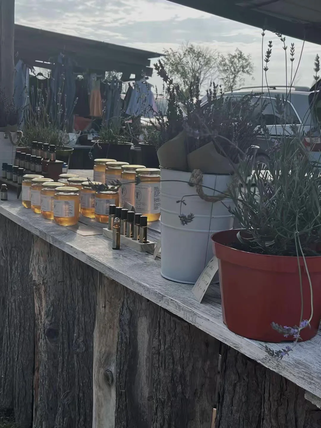 A rustic outdoor market stand displaying jars of honey, small bottles, potted plants, and lavender with shirts hanging in the background under a partly cloudy sky.
