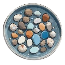 Collection of various small, smooth, colorful stones in a round dish