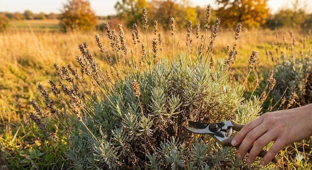 A person is pruning a large, bushy lavender plant in a field during sunset with their hand on pruning shears.