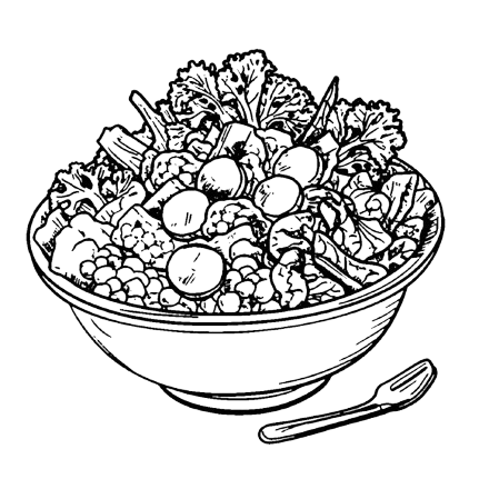 Outline drawing of a fruit salad in a bowl, with berries, grapes, and leafy greens, and a spoon beside it.
