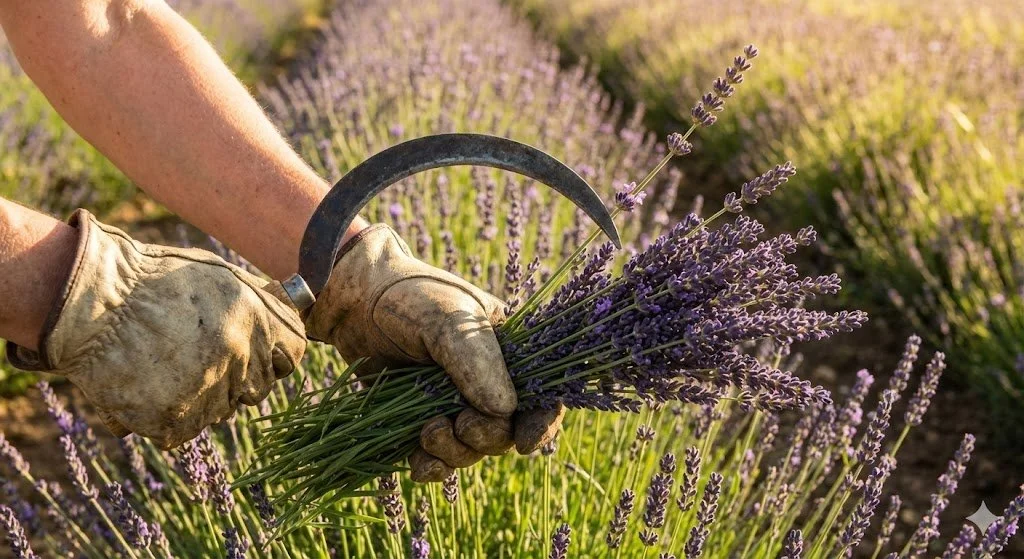 A person harvesting lavender flowers in a lavender field, wearing gloves and using a sickle.