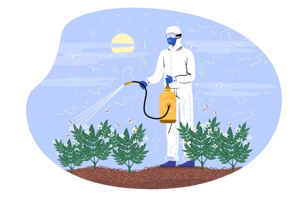 A person dressed in protective suit and mask watering plants outdoors with a spray nozzle under a sunny sky.