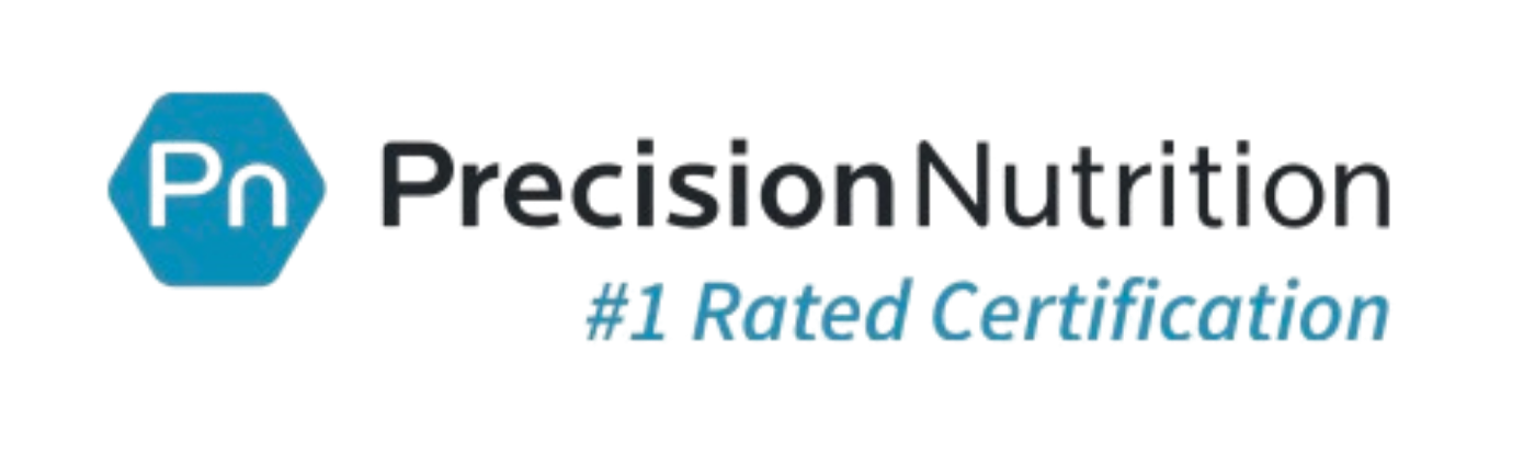 Logo of Precision Nutrition with a blue hexagon containing 'Pn' on the left, and the text 'Precision Nutrition #1 Rated Certification' on the right.
