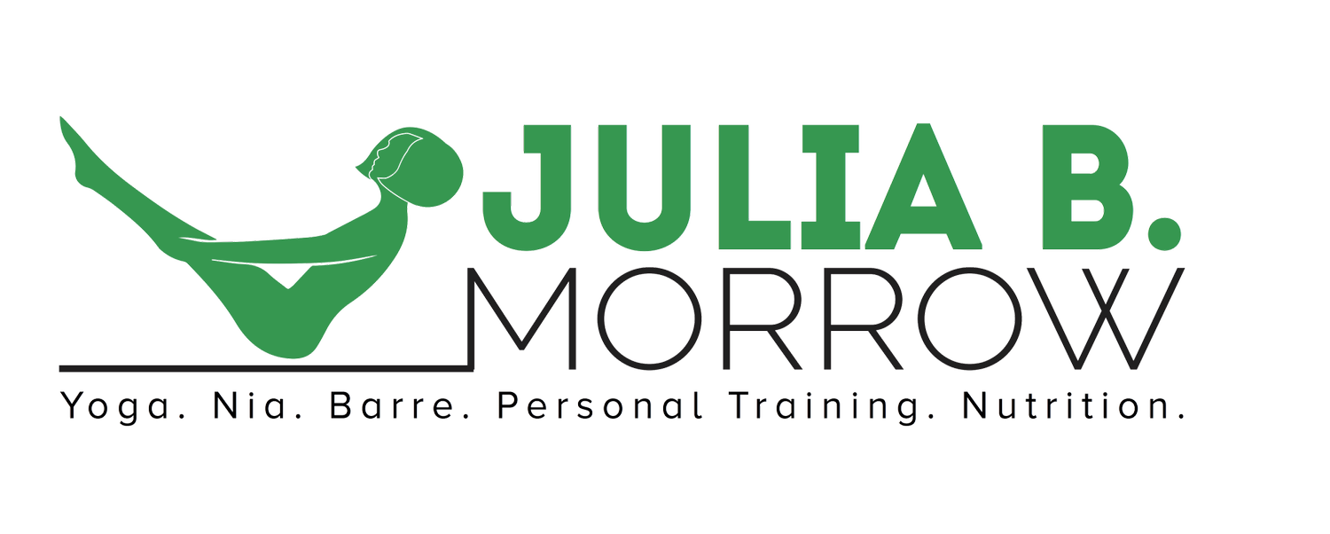 Logo for Julia B. Morrow featuring a stylized silhouette of a woman in green, with text "Julia B. Morrow" and smaller text "Yoga. Nia. Barre. Personal Training. Nutrition."