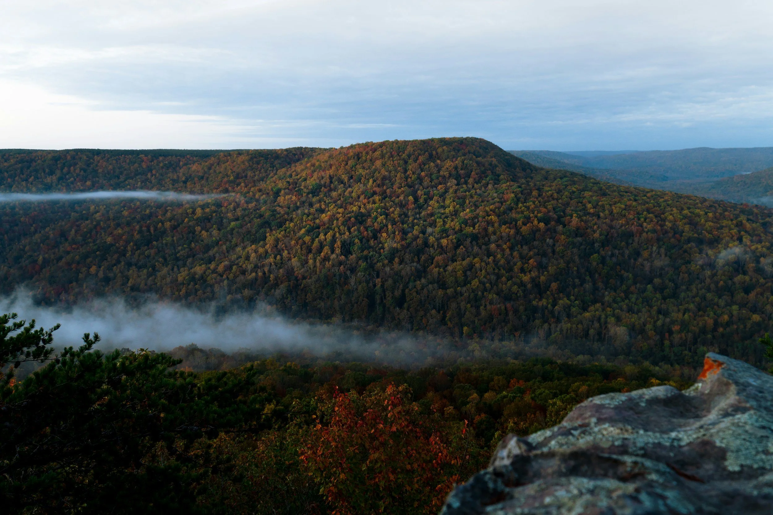 A scenic view of a mountain covered in dense forest with autumn foliage, mist in the valleys, and a cloudy sky overhead.