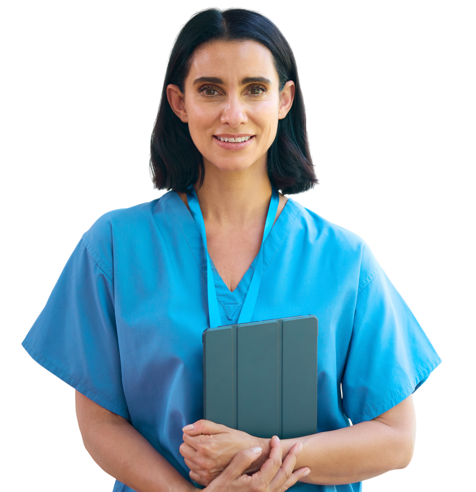 A female nurse in blue scrubs holding a tablet, smiling and looking at the camera.