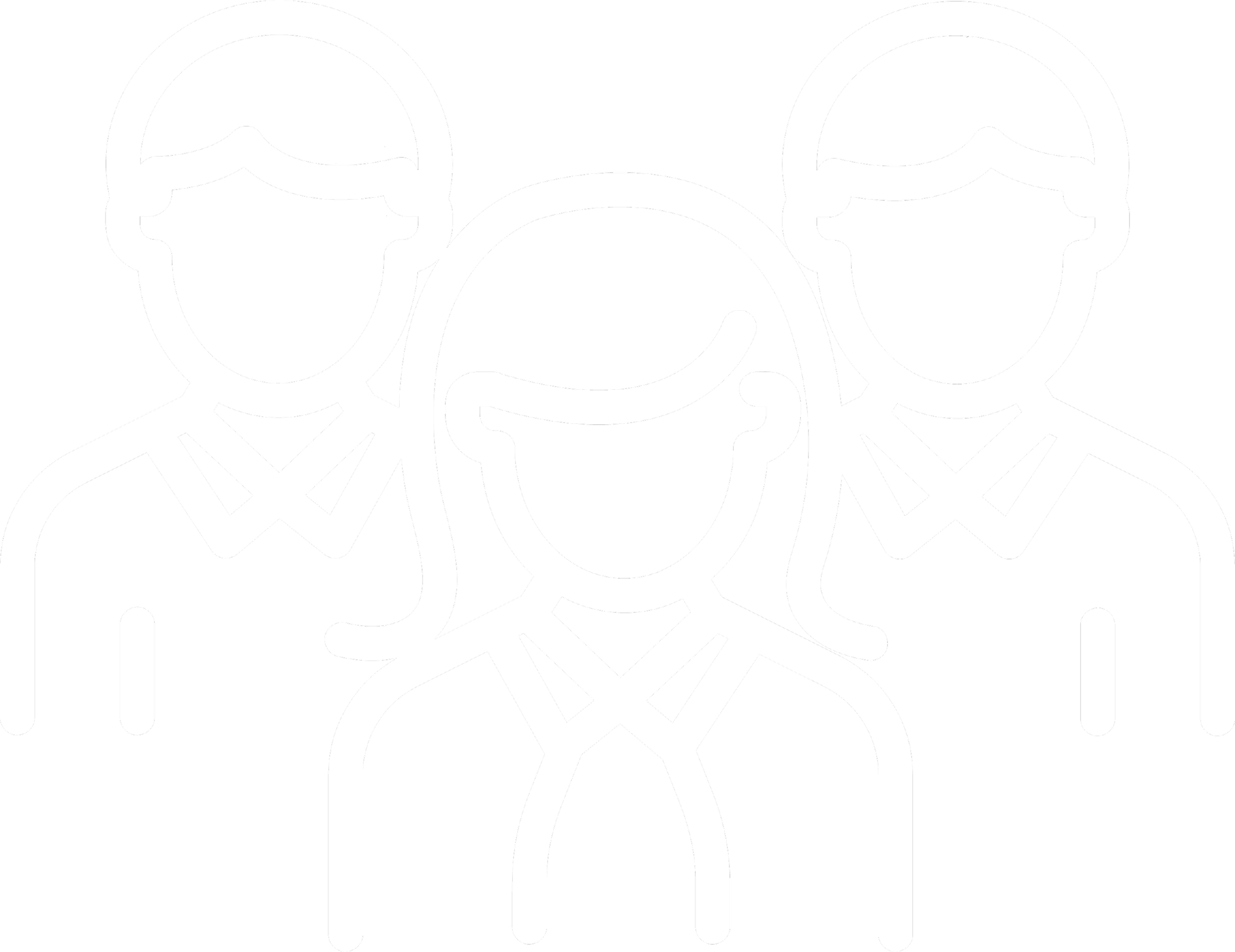 Icon of three people, two men and one woman, outlined in white on a black background.