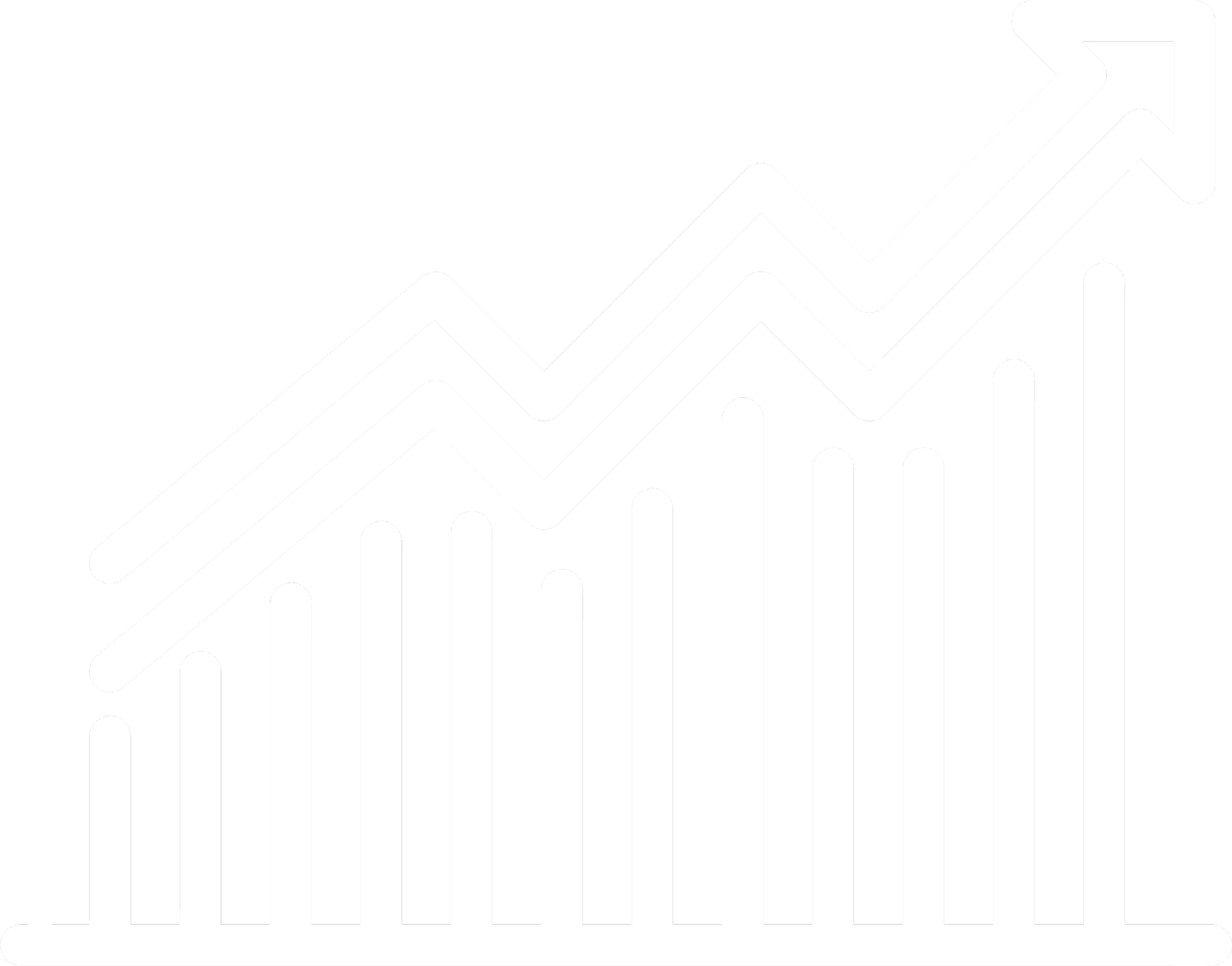 Black background with white line graph showing an upward trend, with bar chart elements and an arrow pointing upward.