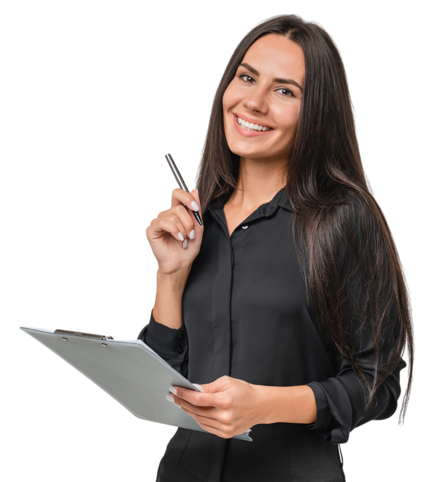 A young woman with long brown hair smiling and holding a clipboard and pen.