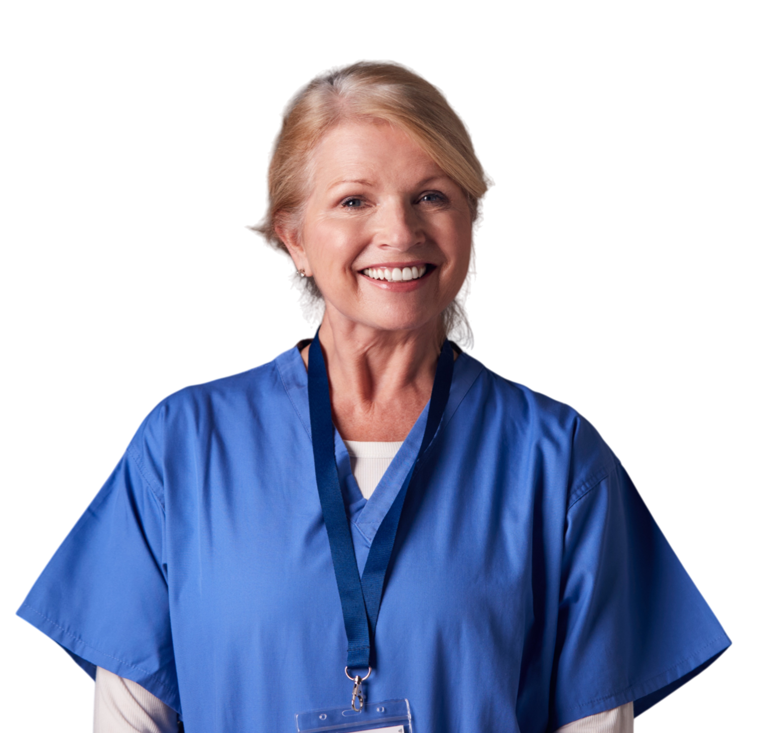 A smiling female healthcare worker in blue scrubs with a lanyard and ID badge.