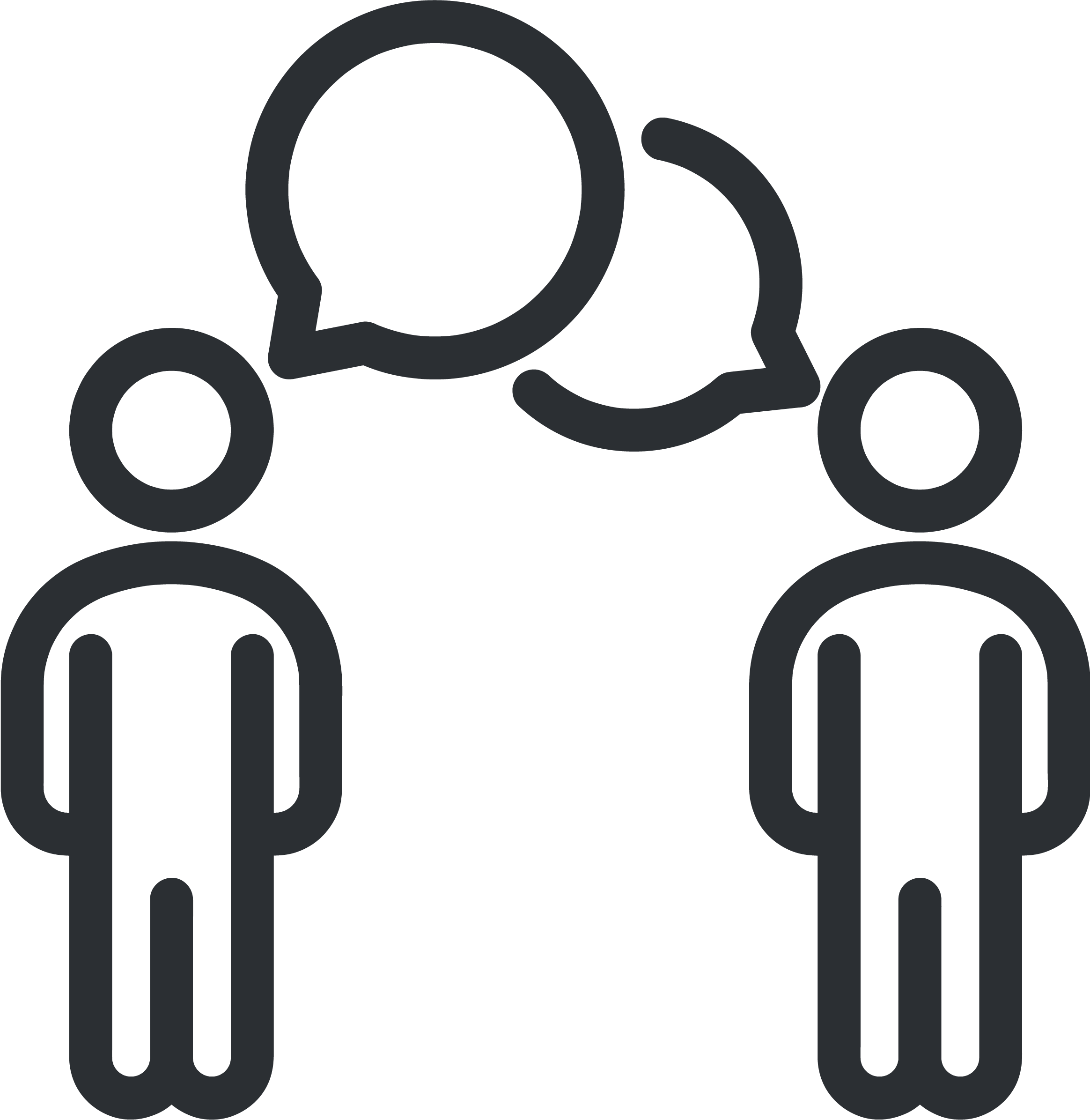 Two simplified human figures with speech bubbles above their heads, indicating a conversation or communication.