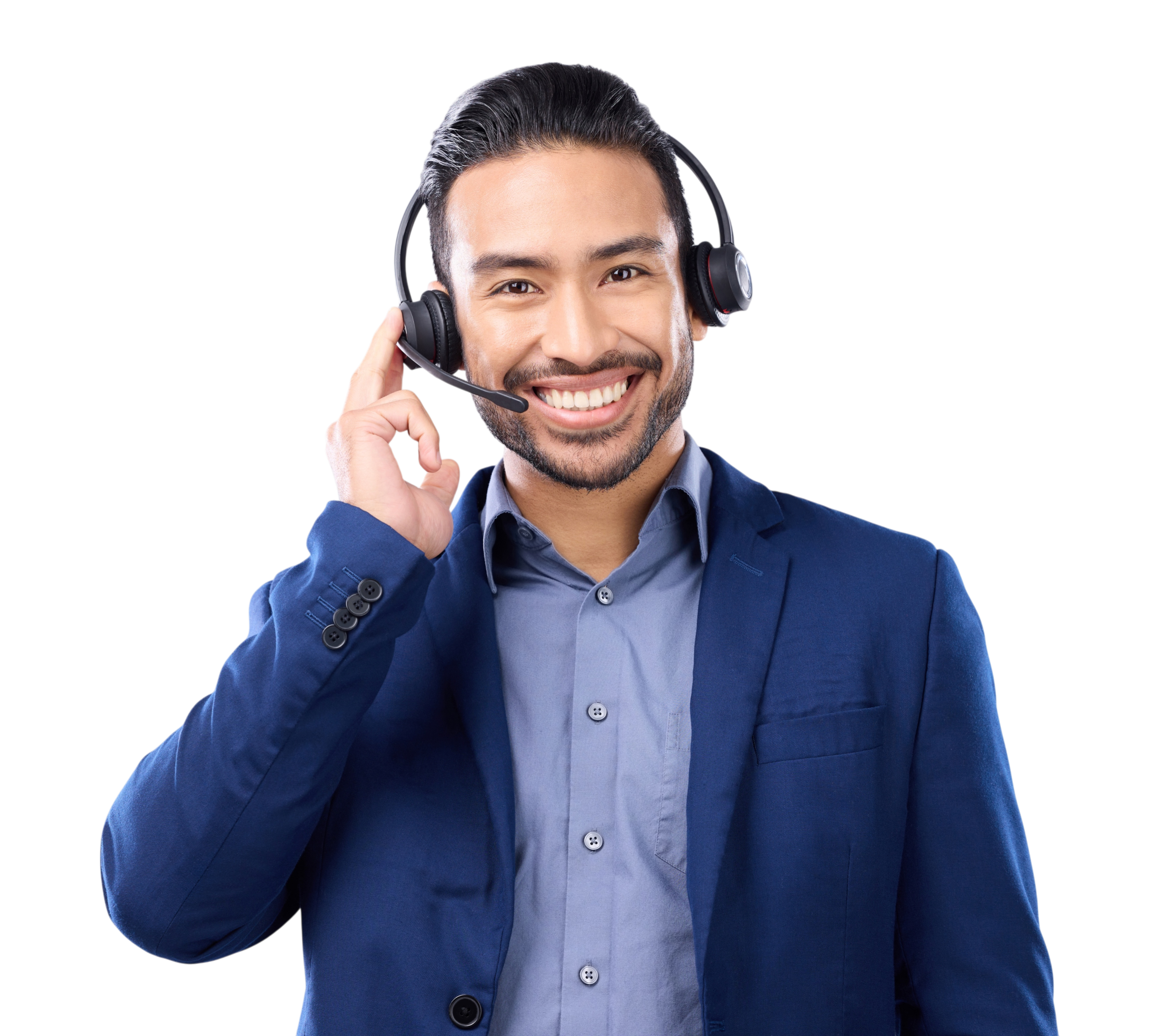 A smiling man wearing a dark blue blazer and light blue shirt, with a headset, waving at the camera.