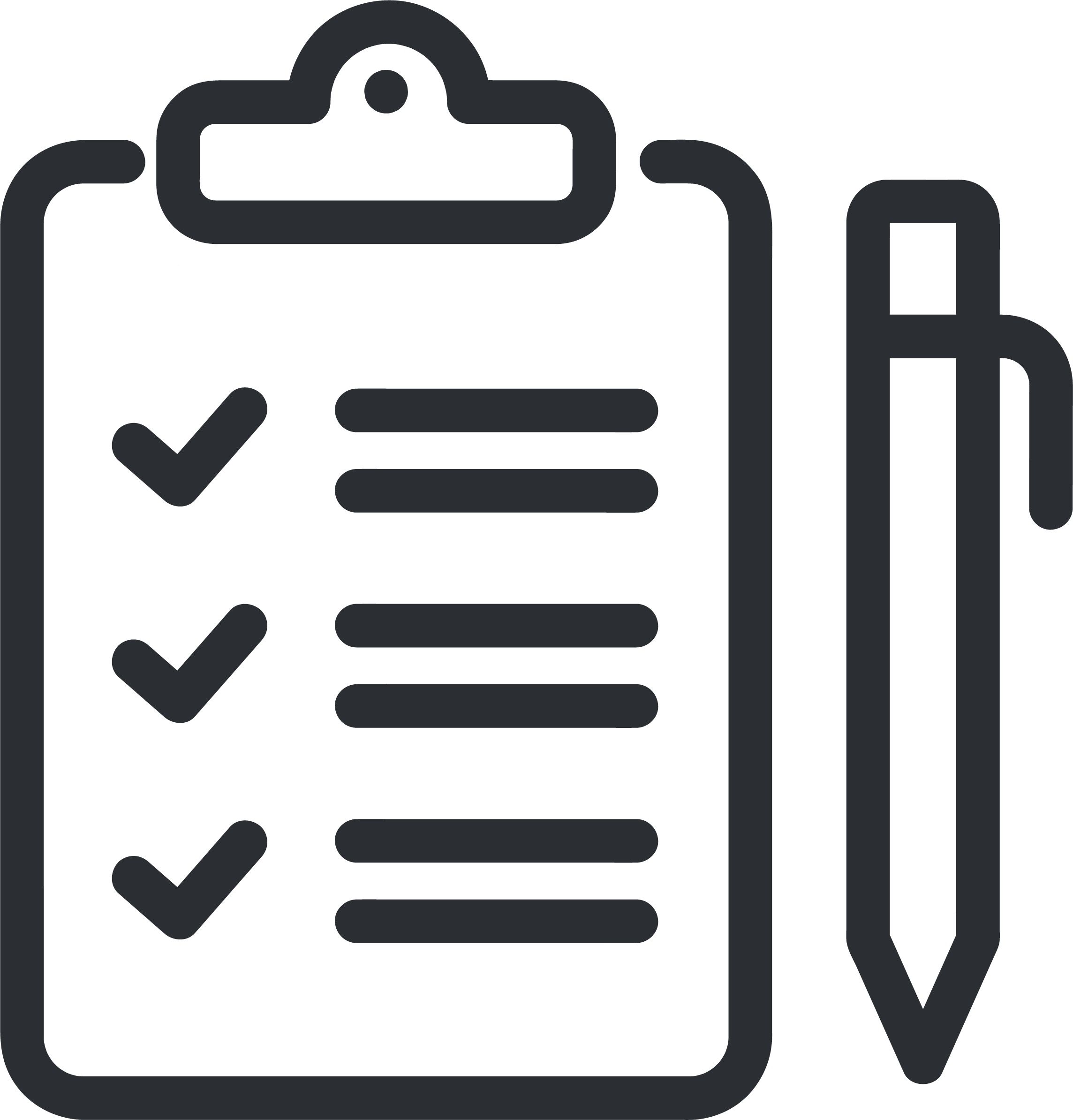 Outline of a checklist on a clipboard with three checkmarks and lines of text, with a pen on the side.