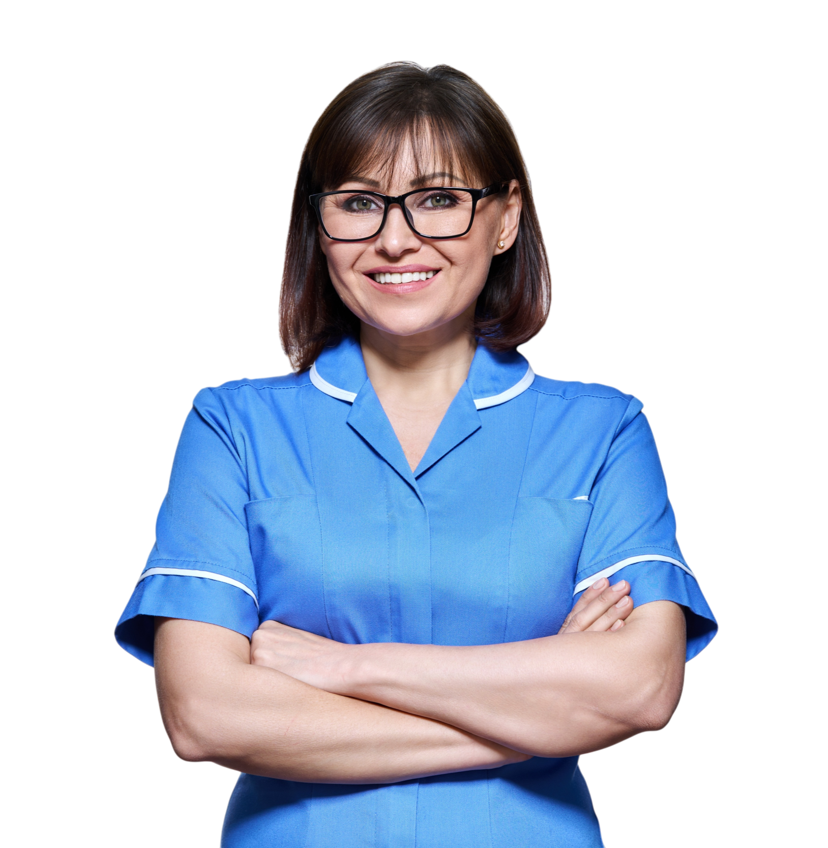 A woman dressed as a nurse in a blue uniform with her arms crossed, smiling and wearing glasses.