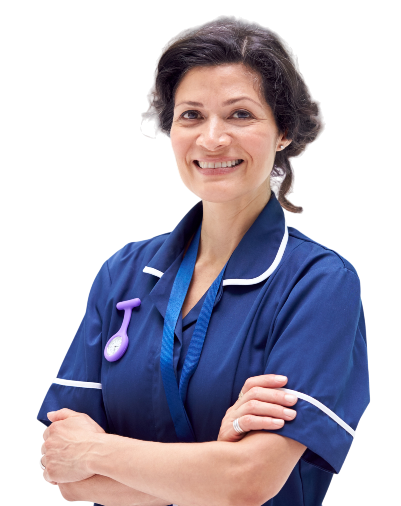 A smiling female nurse with short curly hair in a navy blue uniform with white trim, standing with arms crossed and a purple stethoscope around her neck.