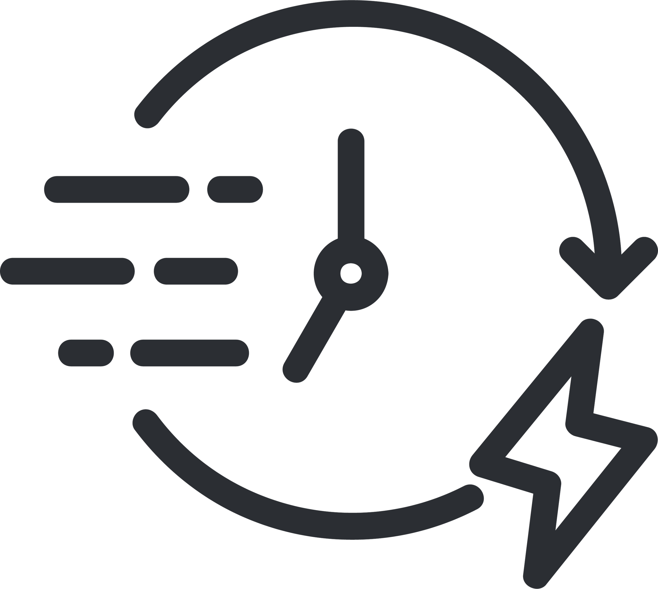 Icon of a clock with a lightning bolt and lines indicating speed or lightning, symbolizing fast or quick power or recharge.