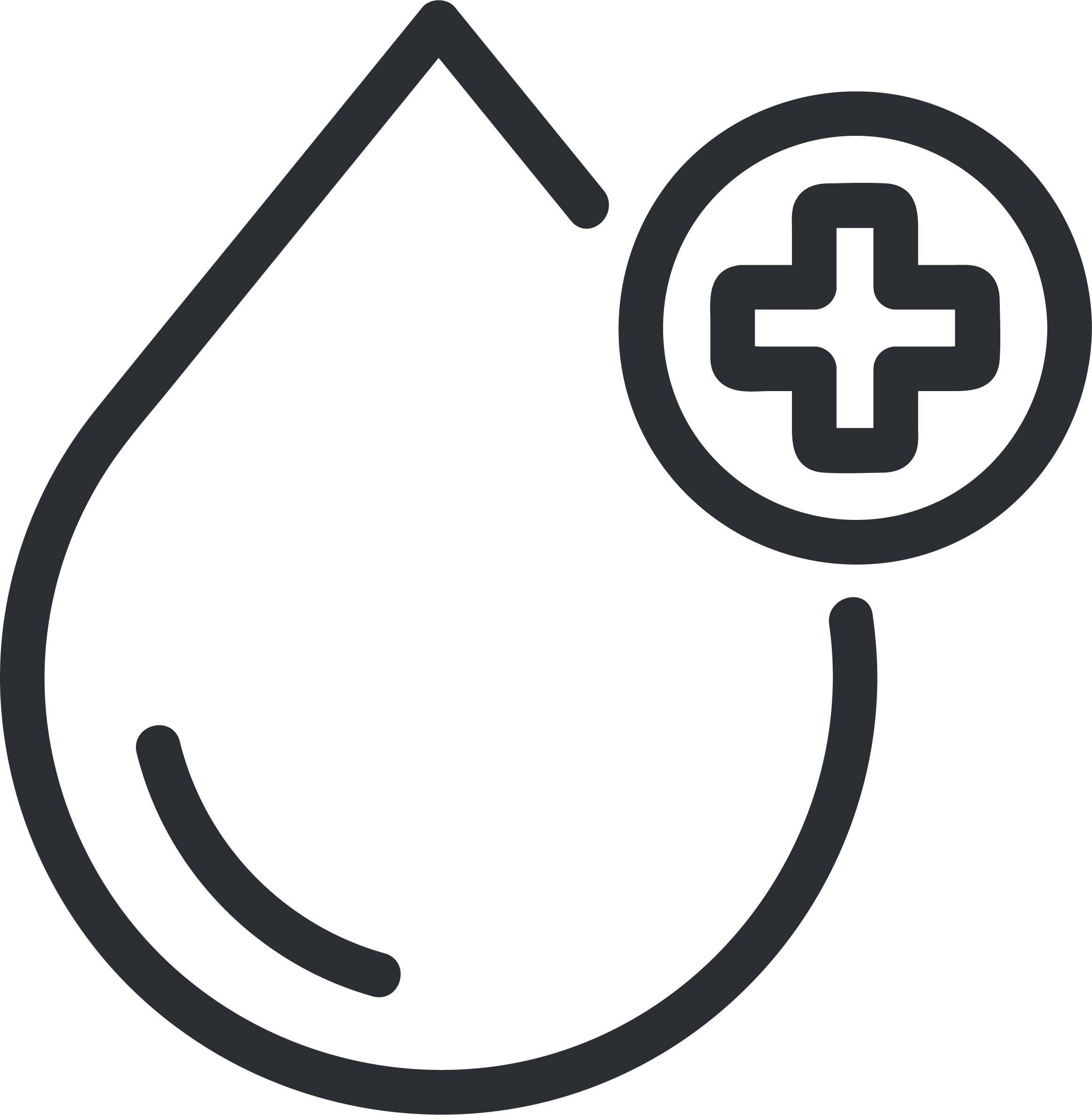 Medical or healthcare icon of a droplet with a cross inside a circle.