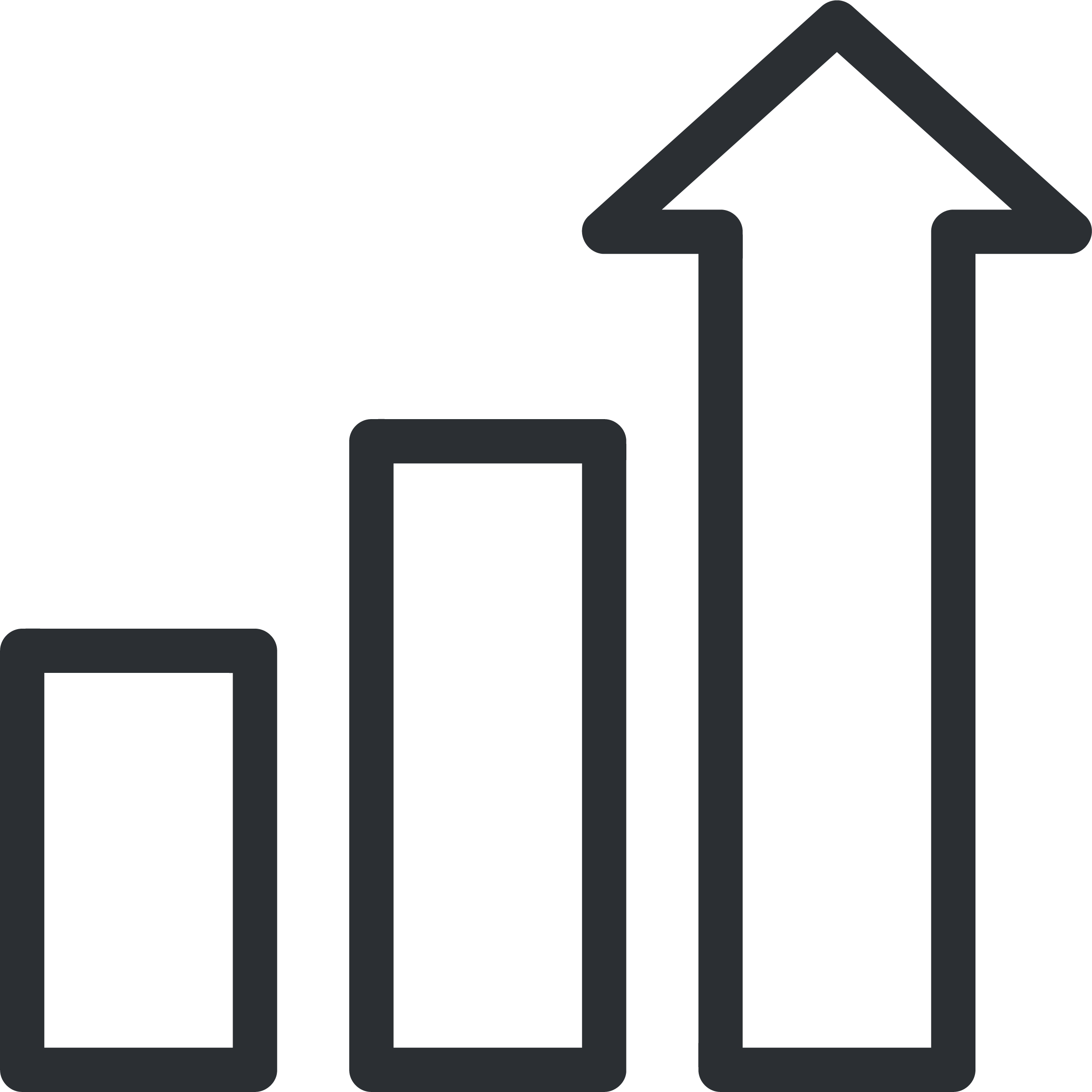 Black and white line graph showing an upward trend with three bars of increasing height and a large upward arrow.