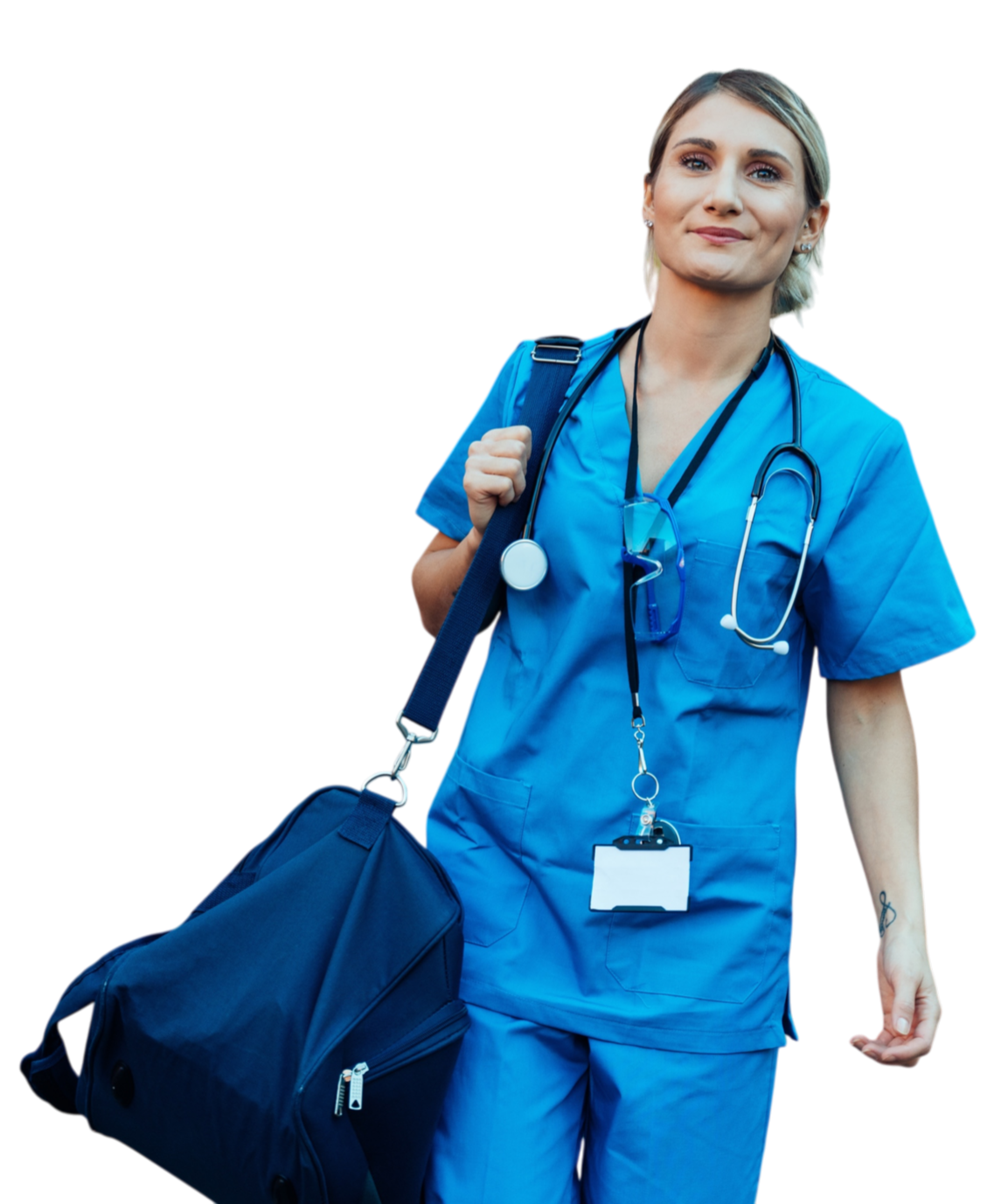 A female medical professional in blue scrubs carrying a black medical bag and wearing a stethoscope around her neck.