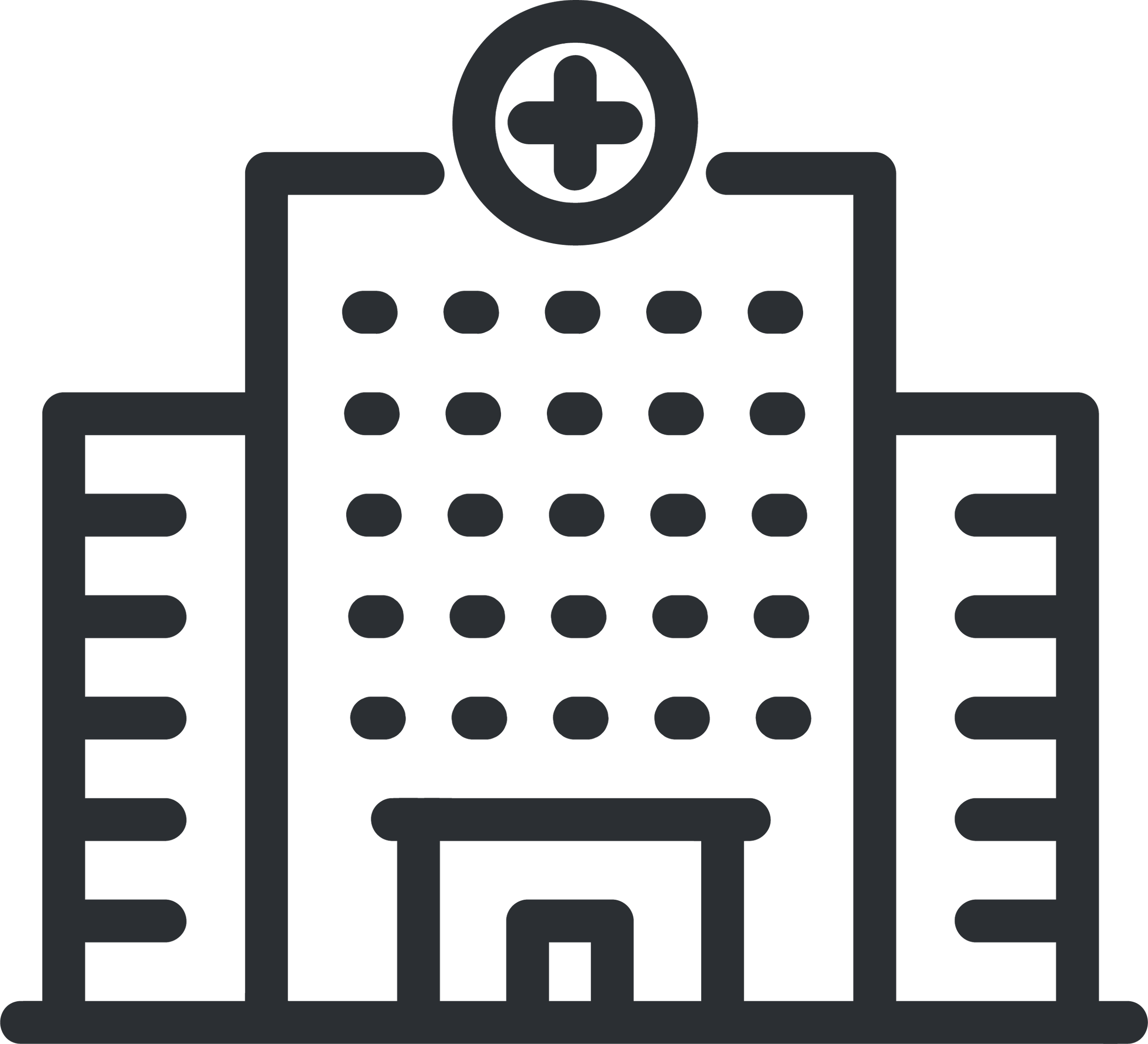 Outline icon of a hospital building with a cross at the top