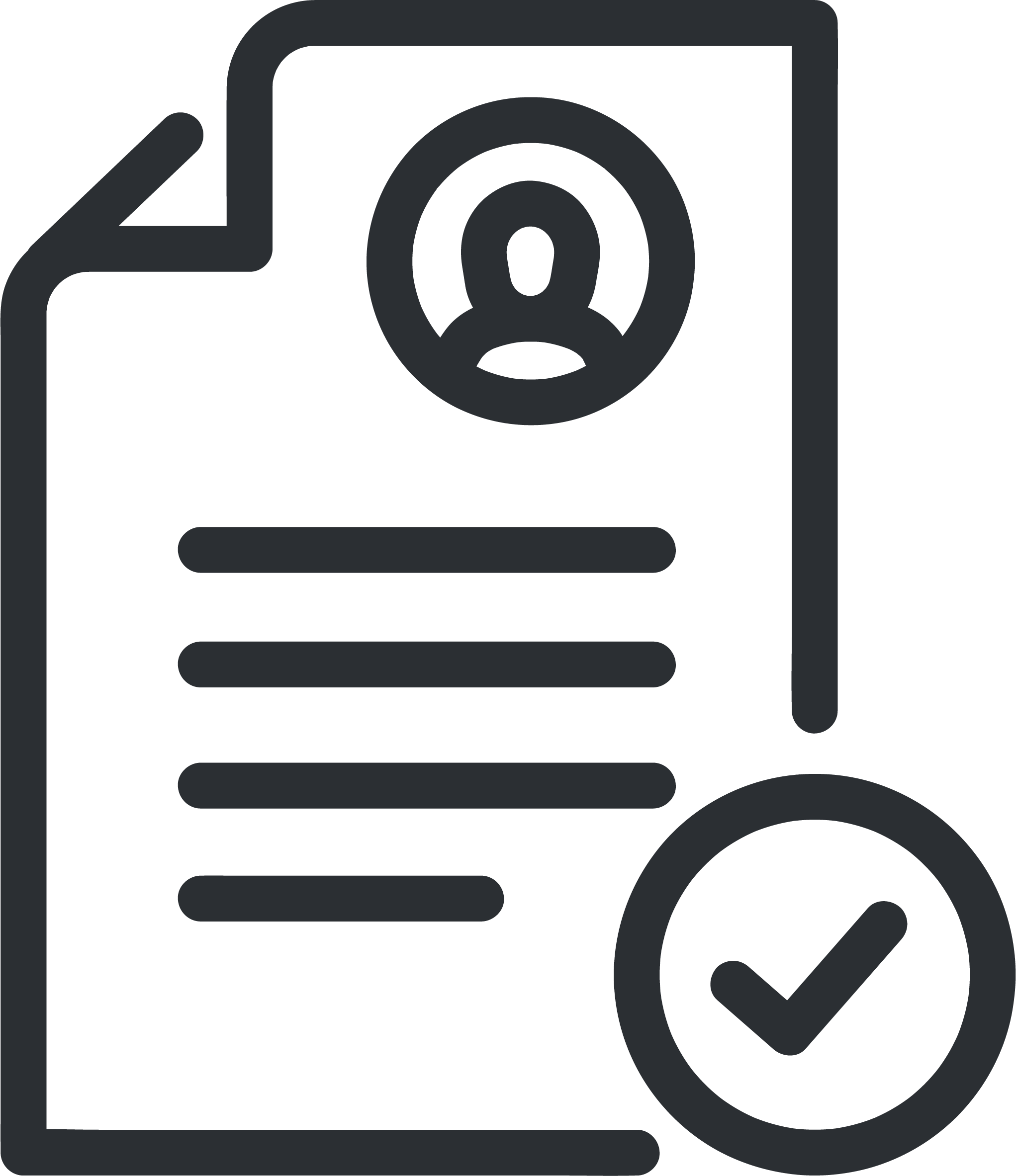 Icon of a document with a person's photo, lines of text, and a checkmark in a circle.