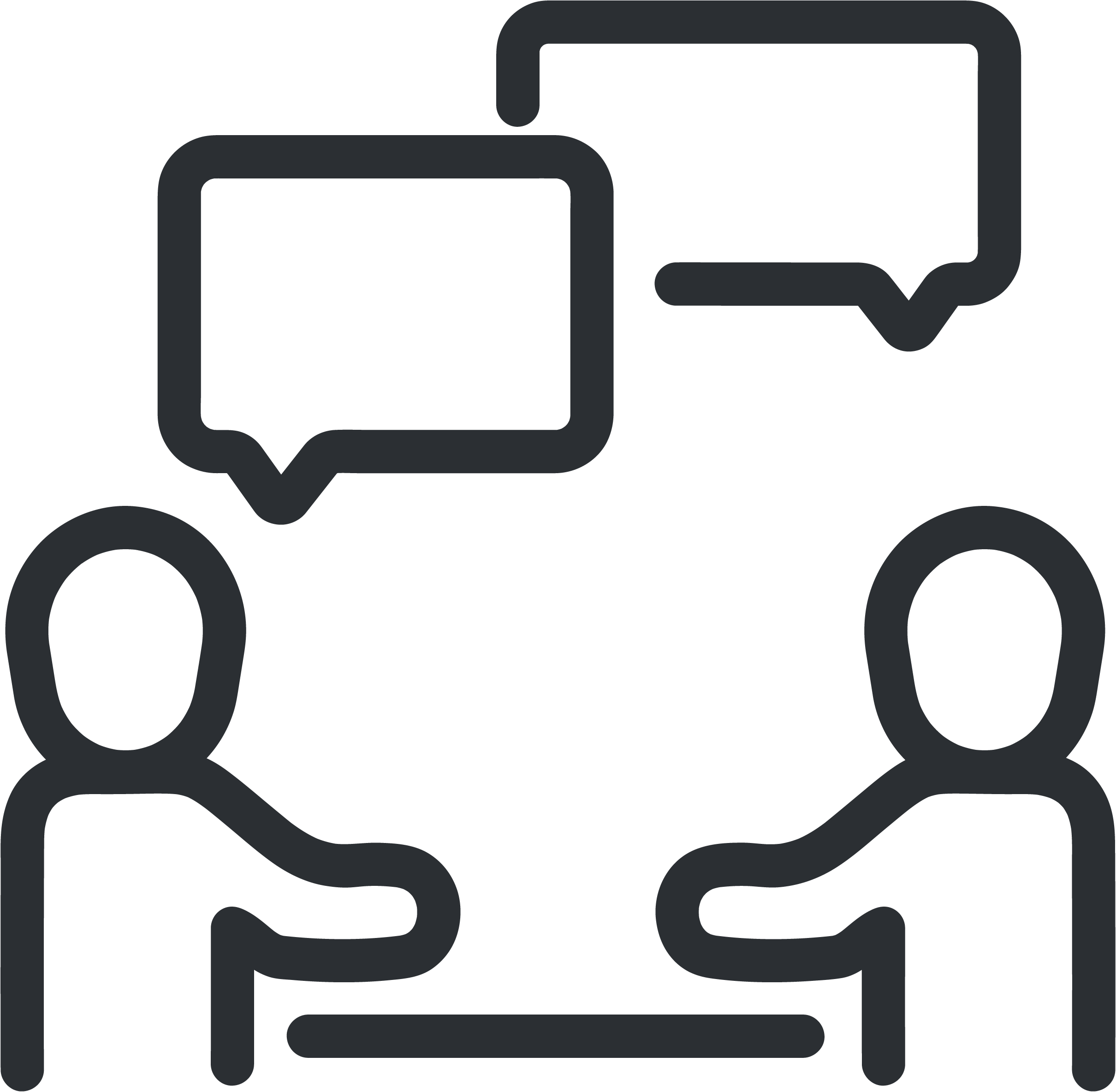 Two people sitting at a table engaged in a conversation, with speech bubbles above them indicating dialogue.