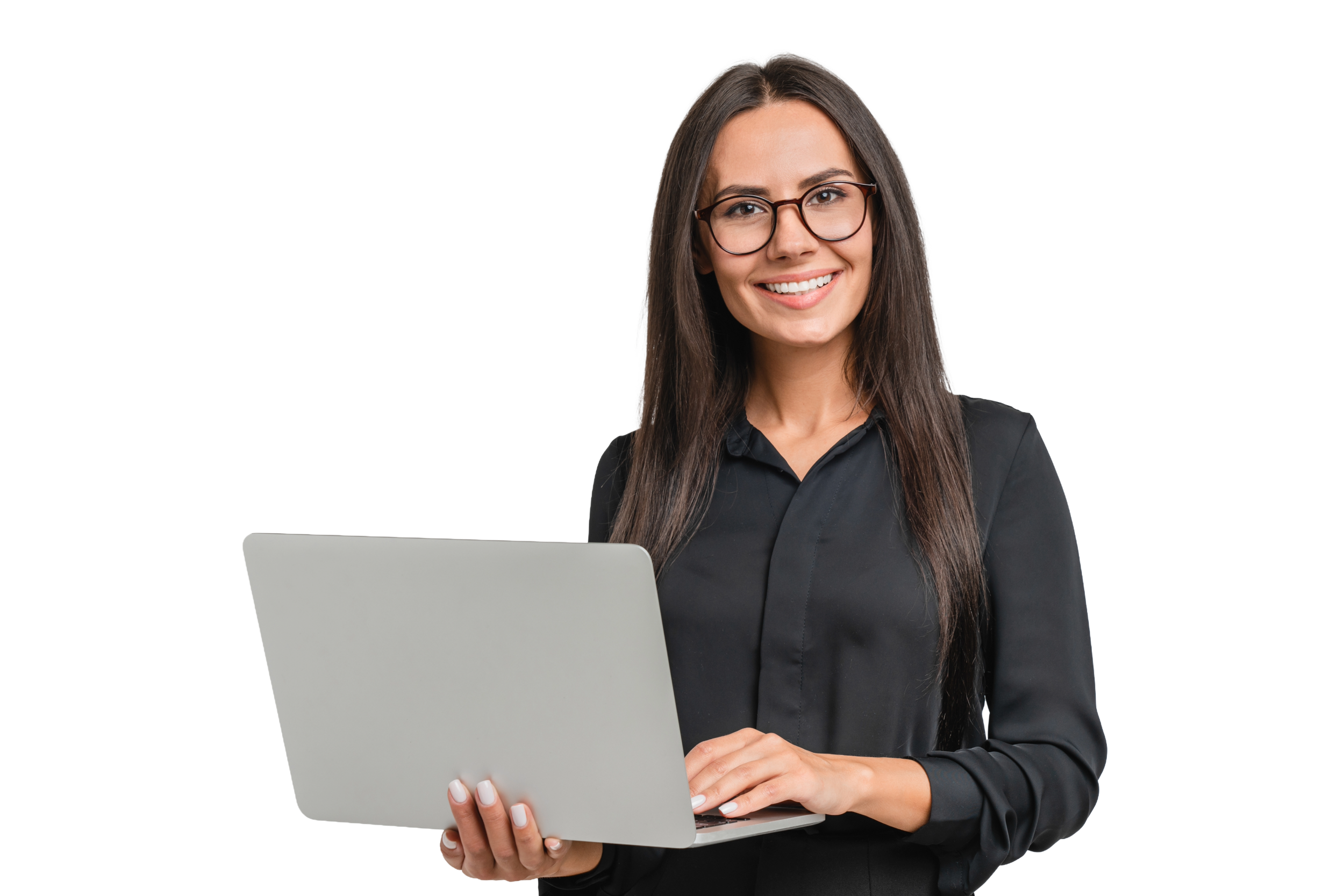 A young woman with long dark hair, glasses, and a black shirt, holding a gray laptop and smiling at the camera.