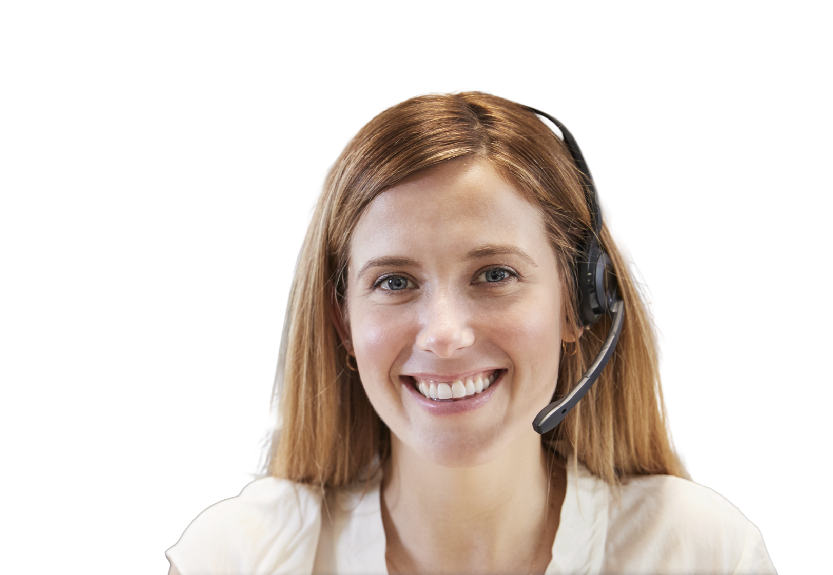 Smiling woman wearing a headset, likely working in a customer service role.