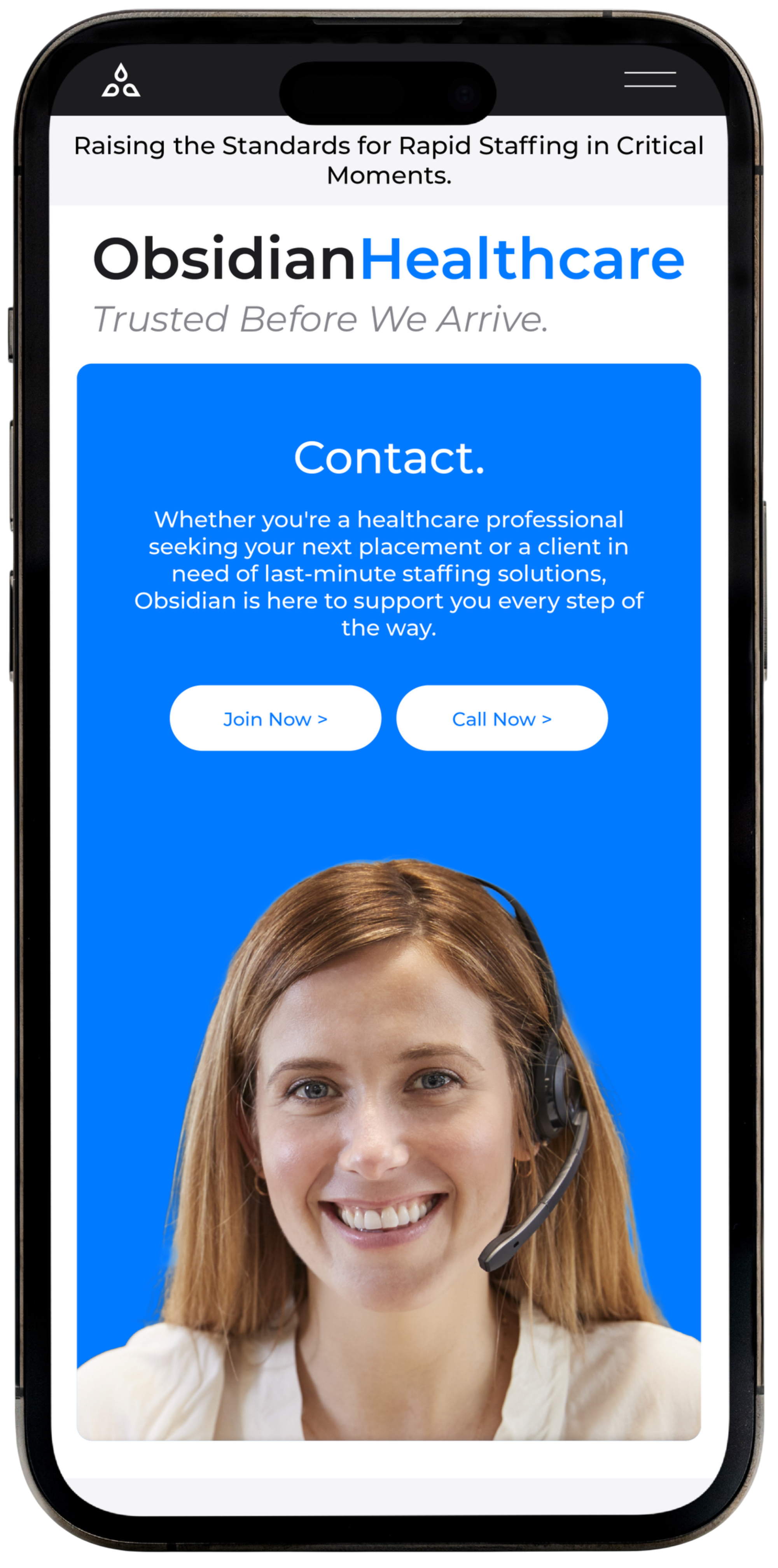 A smartphone screen displaying Obsidian Healthcare website with contact options and a smiling woman wearing a headset.