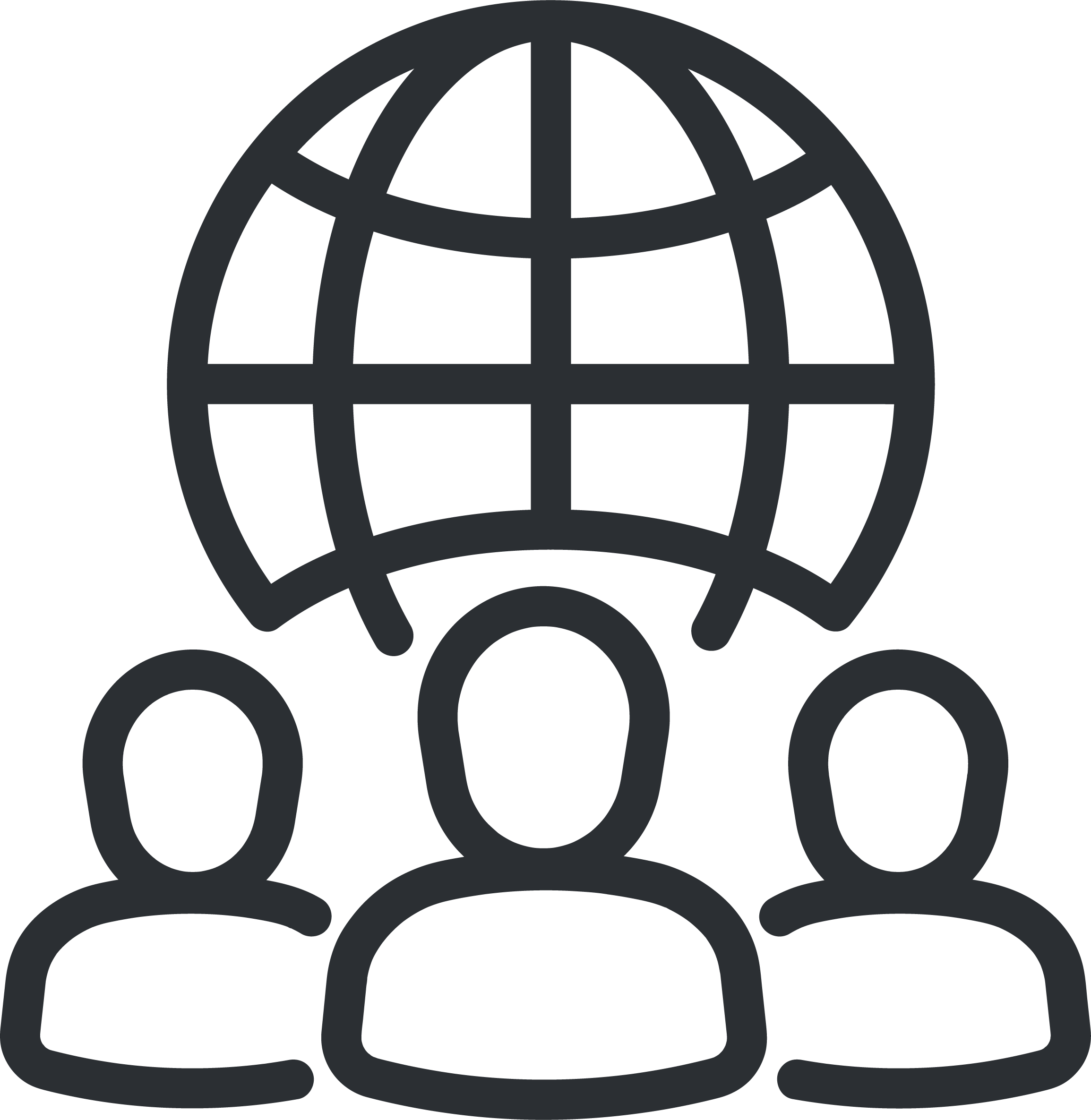 Icon of three people with a globe in the background.