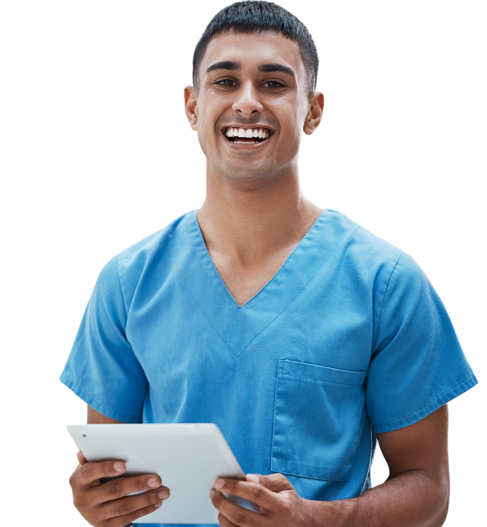 A young male healthcare professional in blue scrubs smiling while holding a tablet.