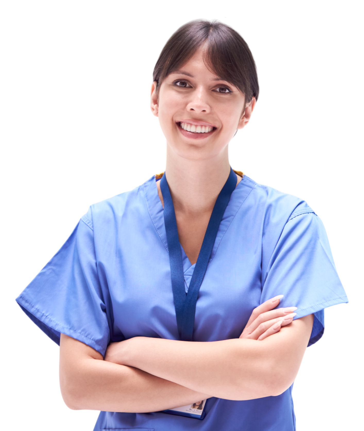 A smiling female nurse with short brown hair wearing blue scrubs and a lanyard.