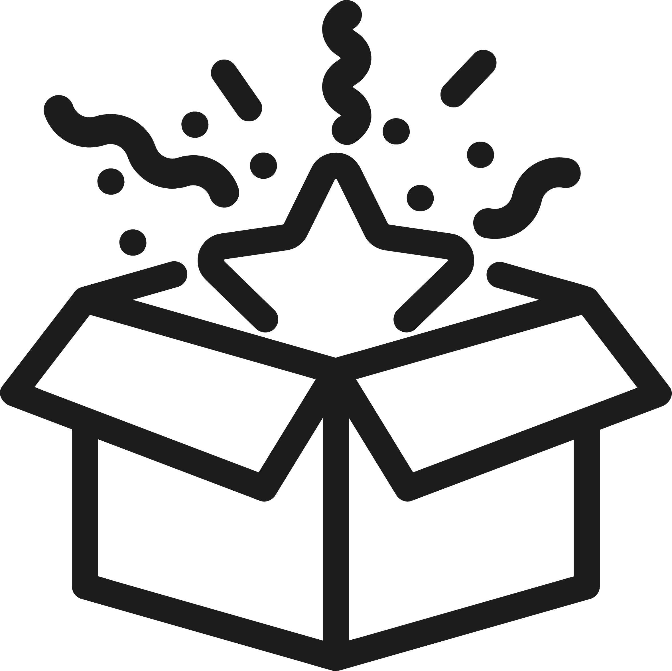 Open gift box with a star-shaped firework and celebratory lines and dots emerging from it.