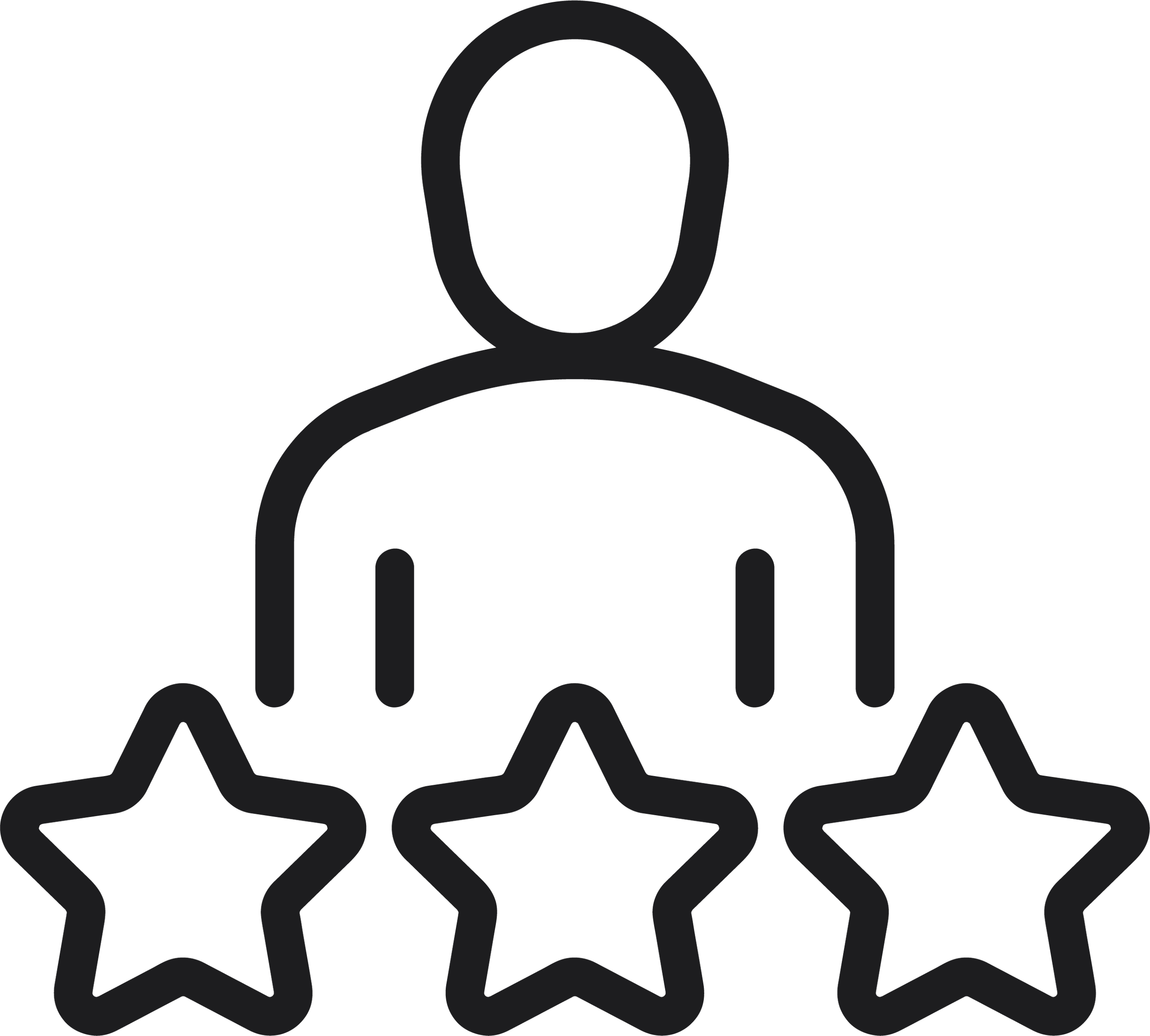 Outline icon of a person with three star ratings below.