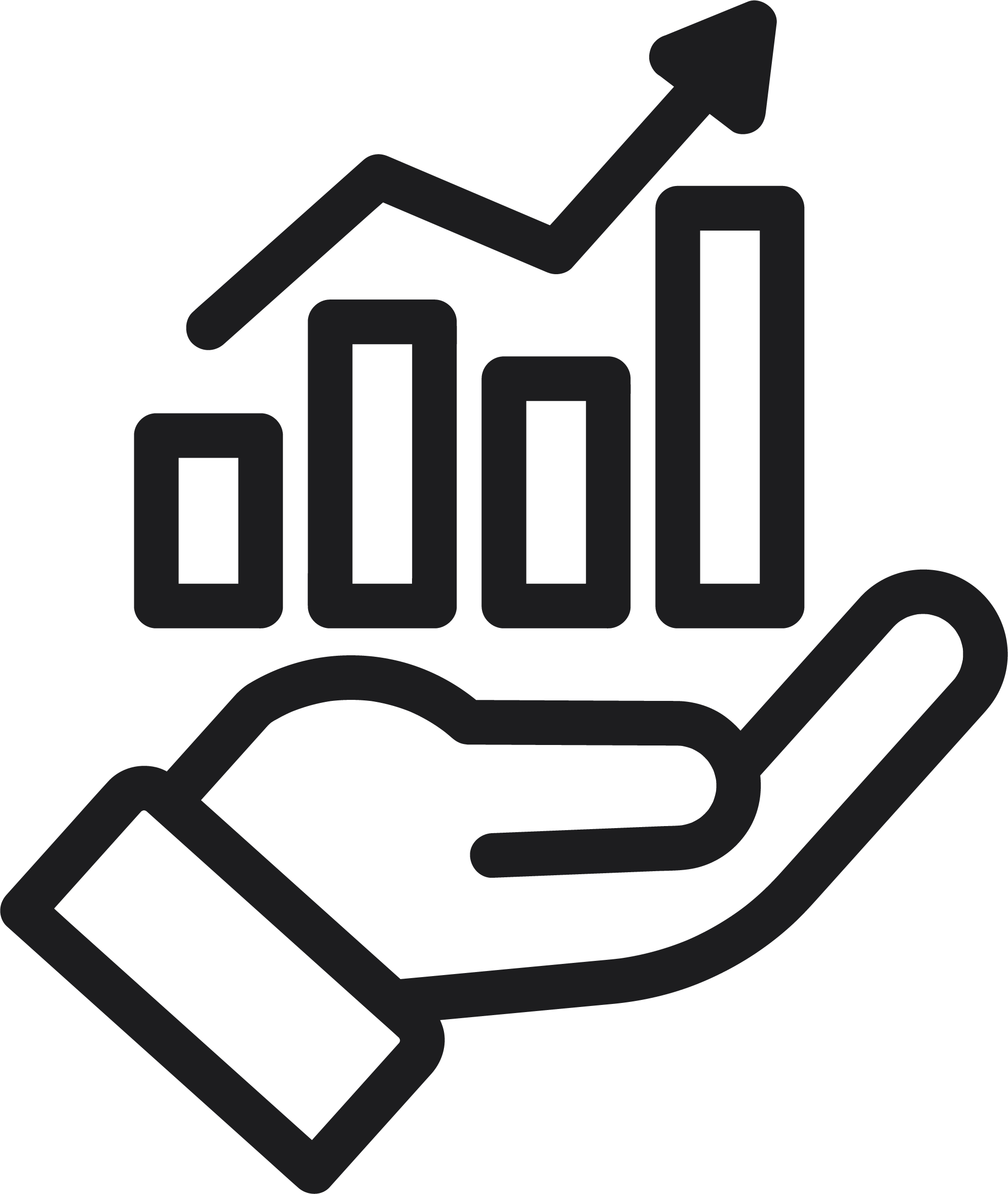 A hand holding a bar chart with an upward trending arrow.