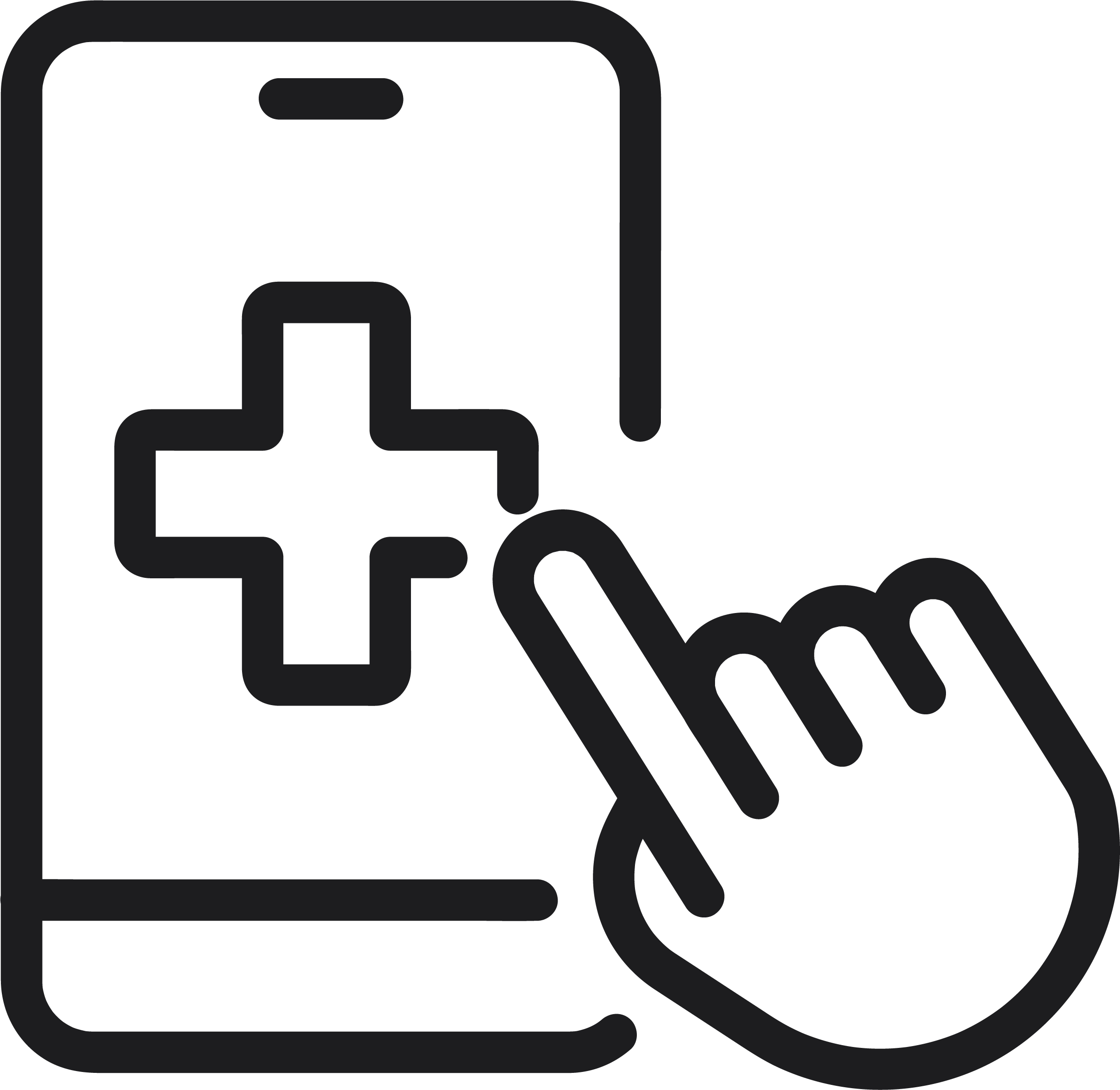Outline of a hand tapping a smartphone with a medical cross symbol on the screen.