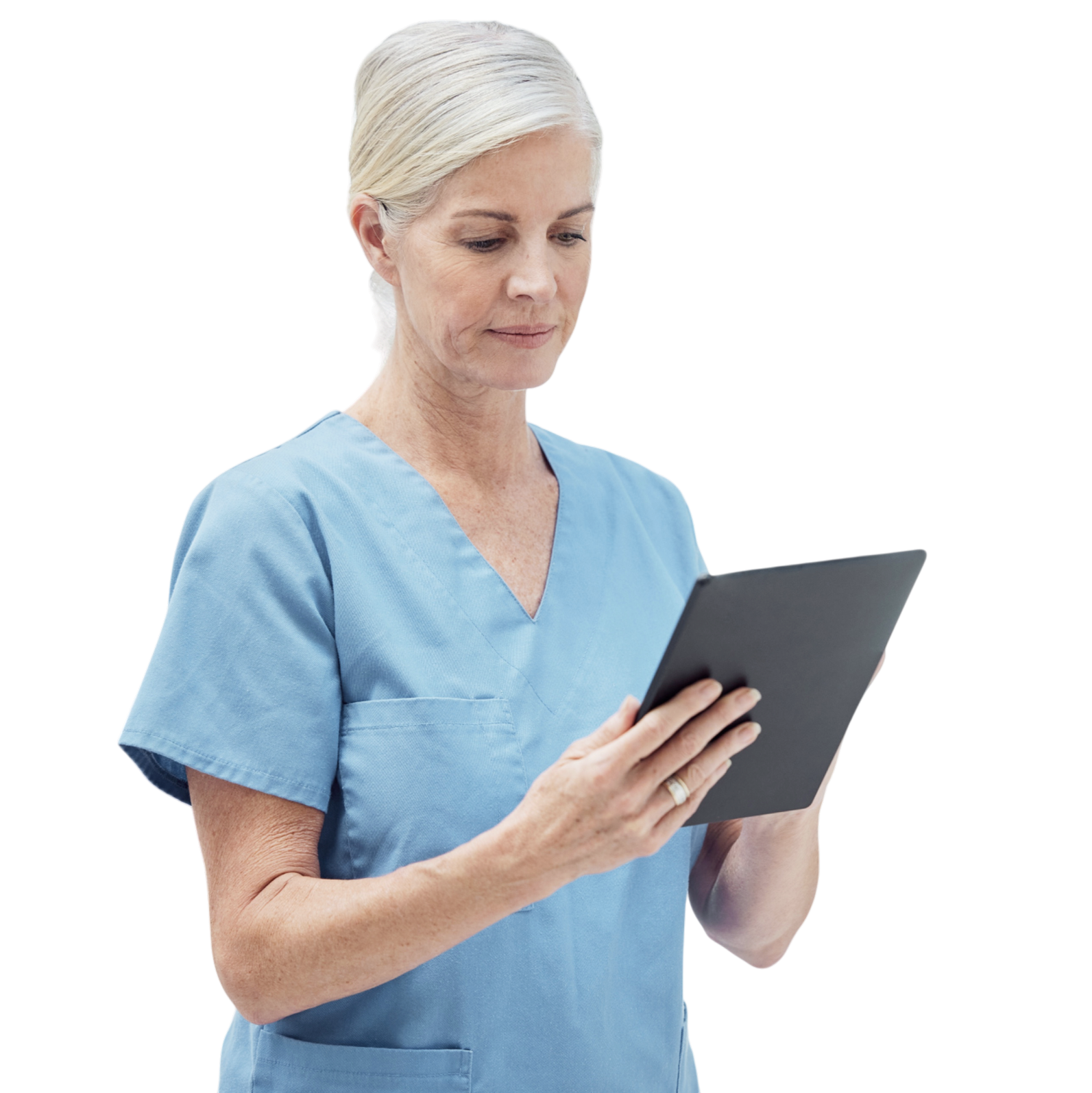 A mature female nurse in light blue scrubs looking at a tablet device, with a green and grey background.