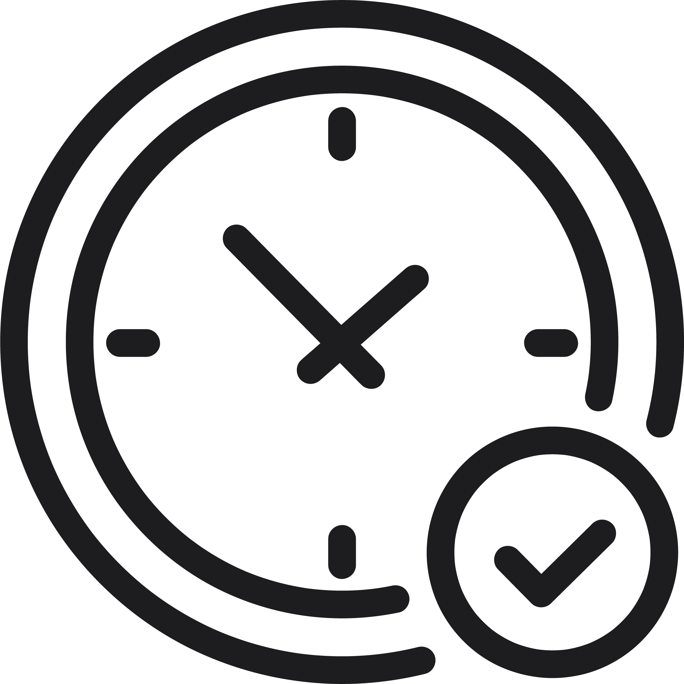 Black clock with checkmark in a smaller circle.