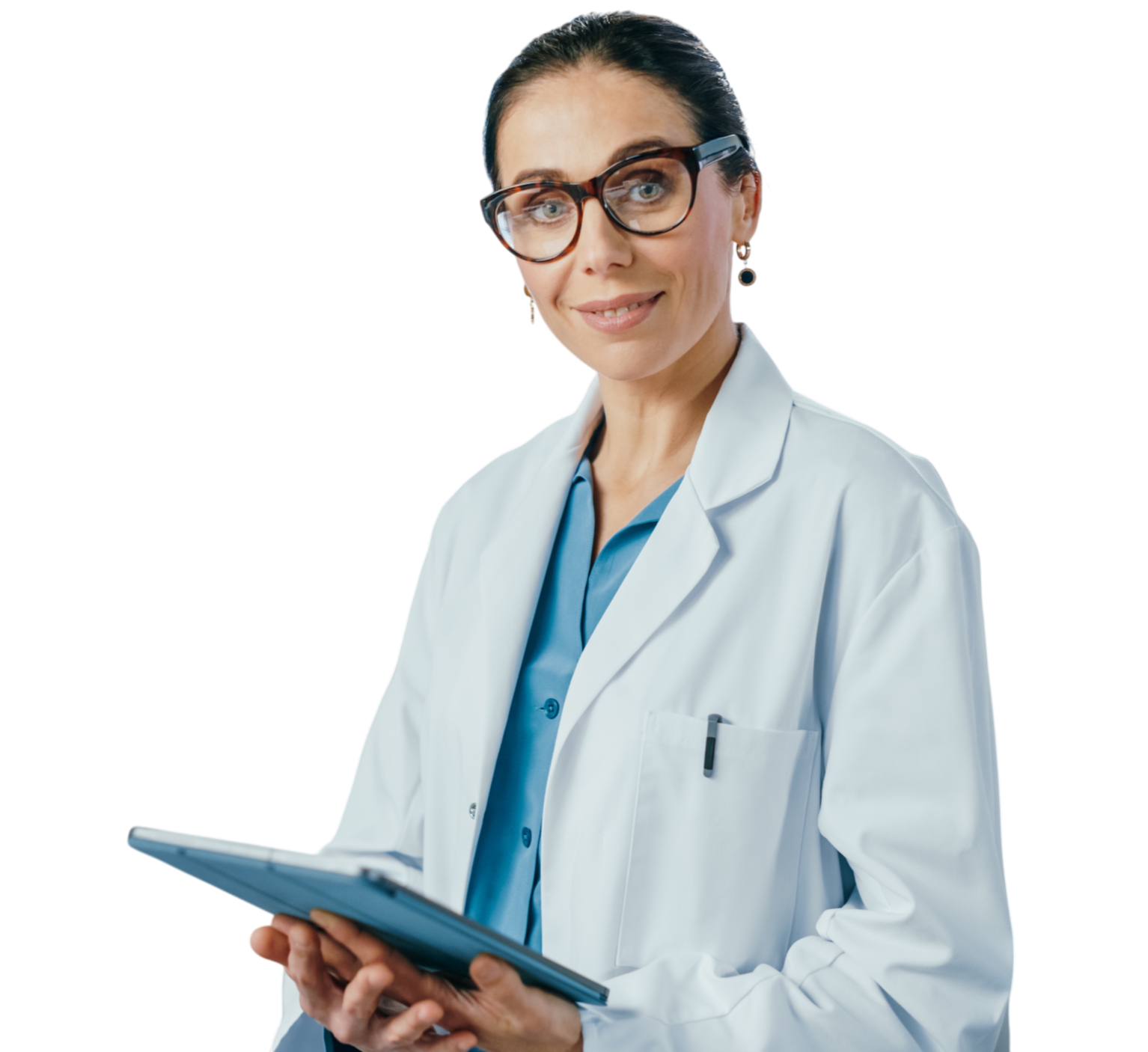 A female doctor with glasses and dark hair, wearing a white lab coat over a blue shirt, holding a clipboard and smiling.