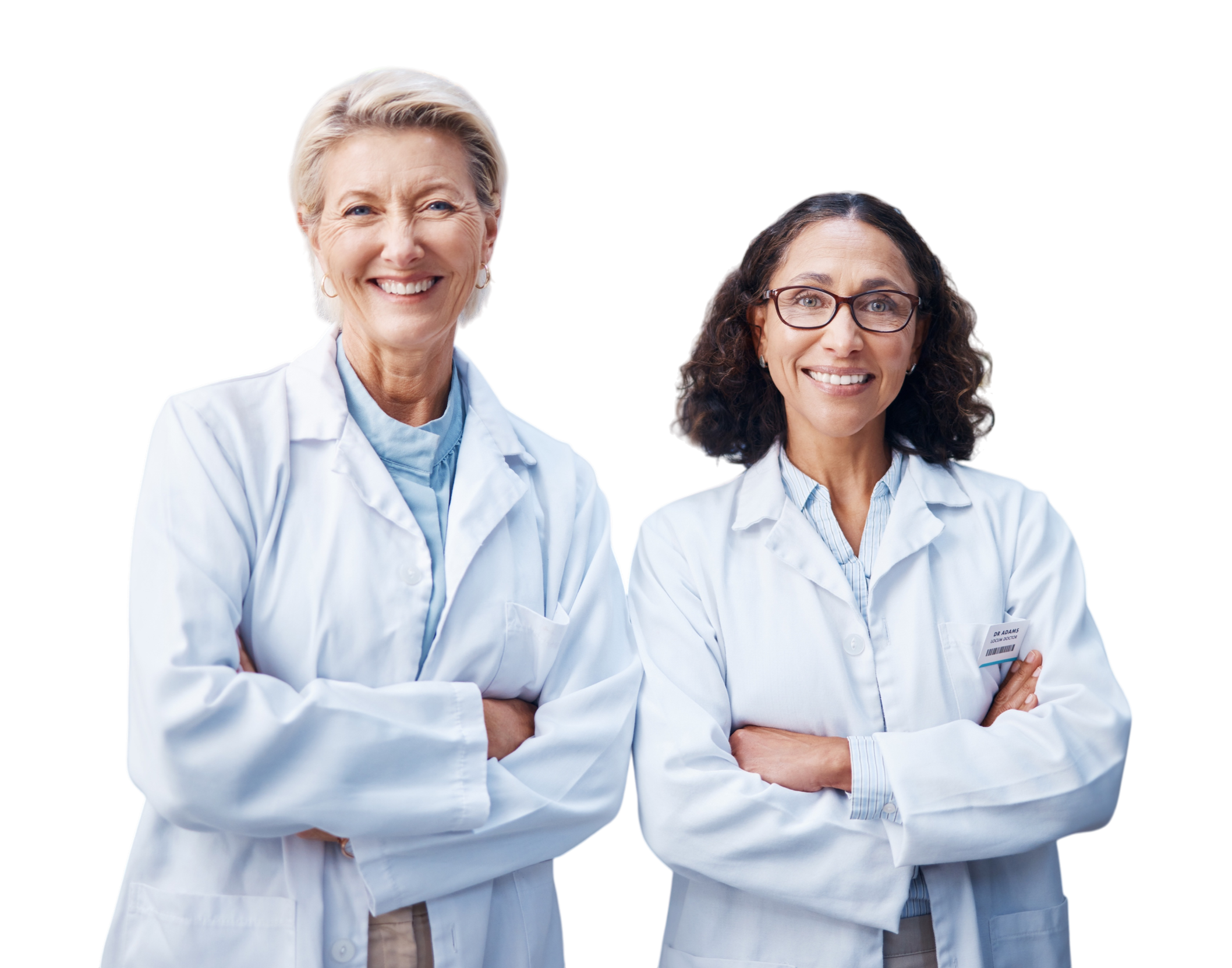 Two female doctors standing with arms crossed, smiling, wearing white lab coats.