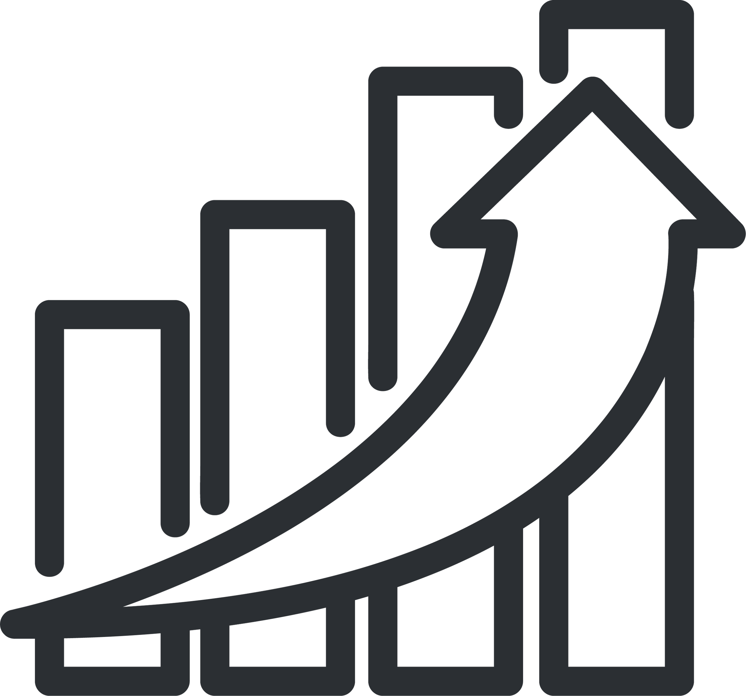 Graph with bars increasing upward and a large arrow pointing upward, representing growth or success.