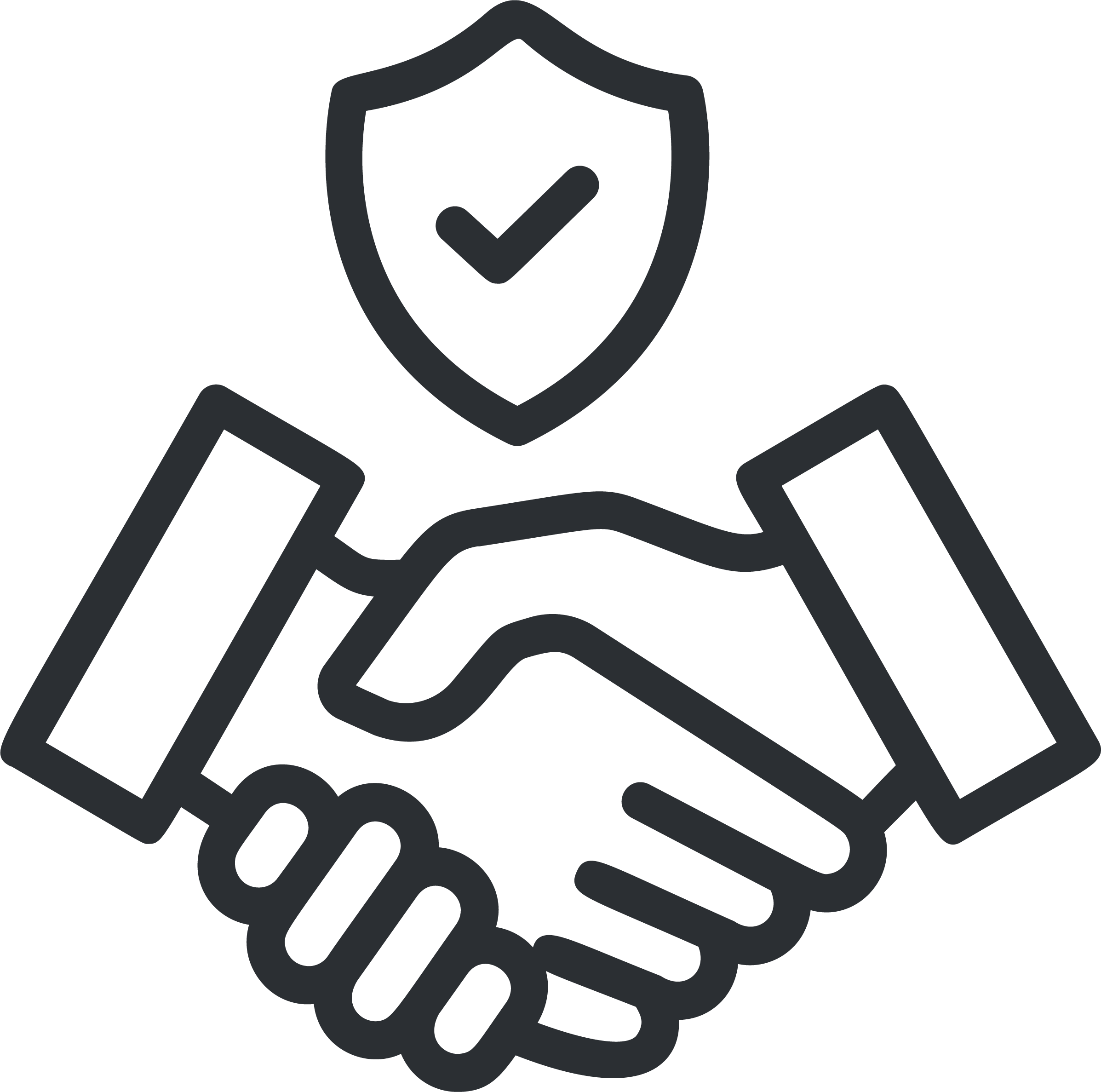 Outline drawing of a handshake with a shield above it containing a checkmark, symbolizing security and trust.