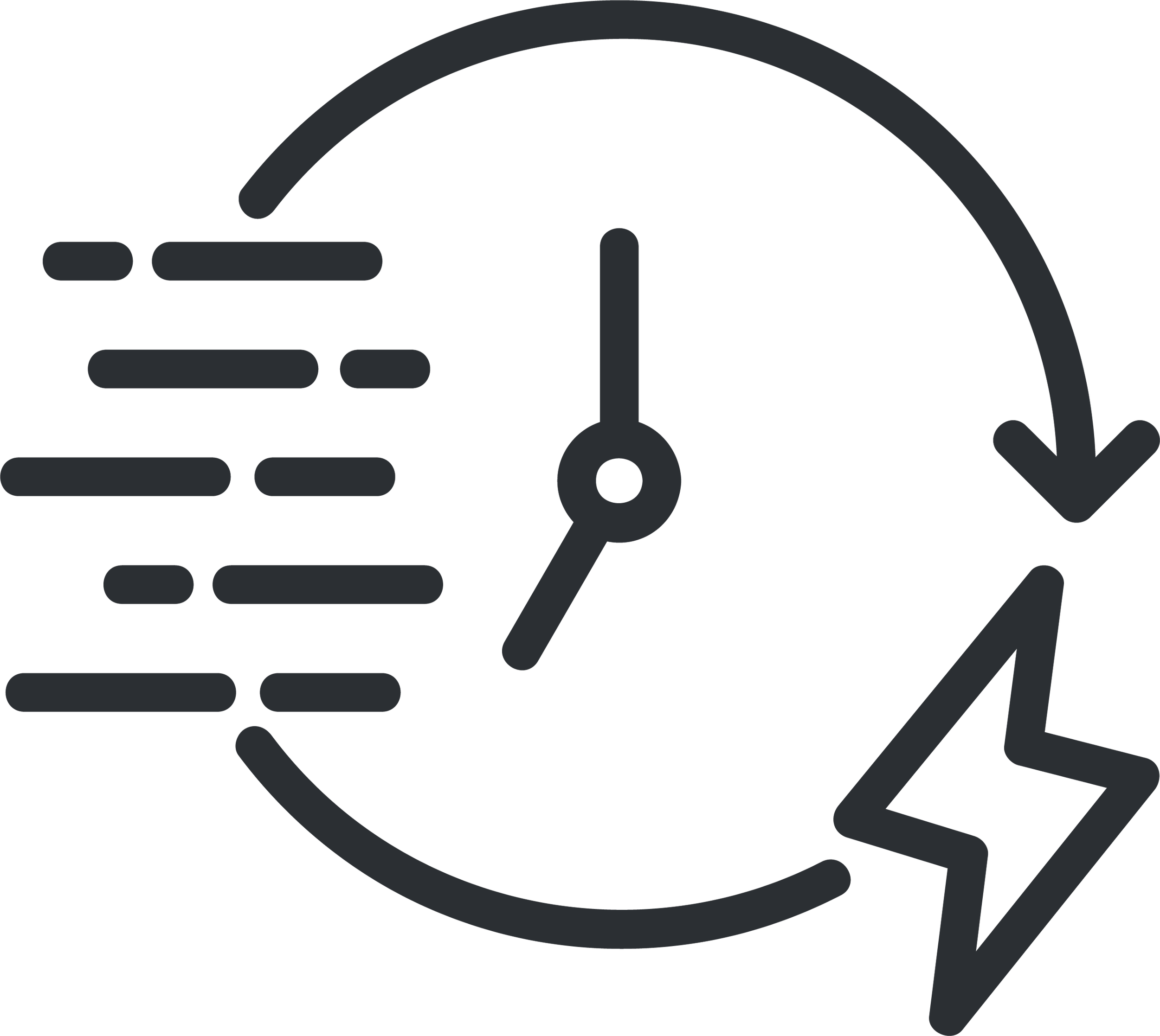 A clock with speed lines to indicate fast movement, a lightning bolt, and a circular arrow, representing fast or renewable energy.
