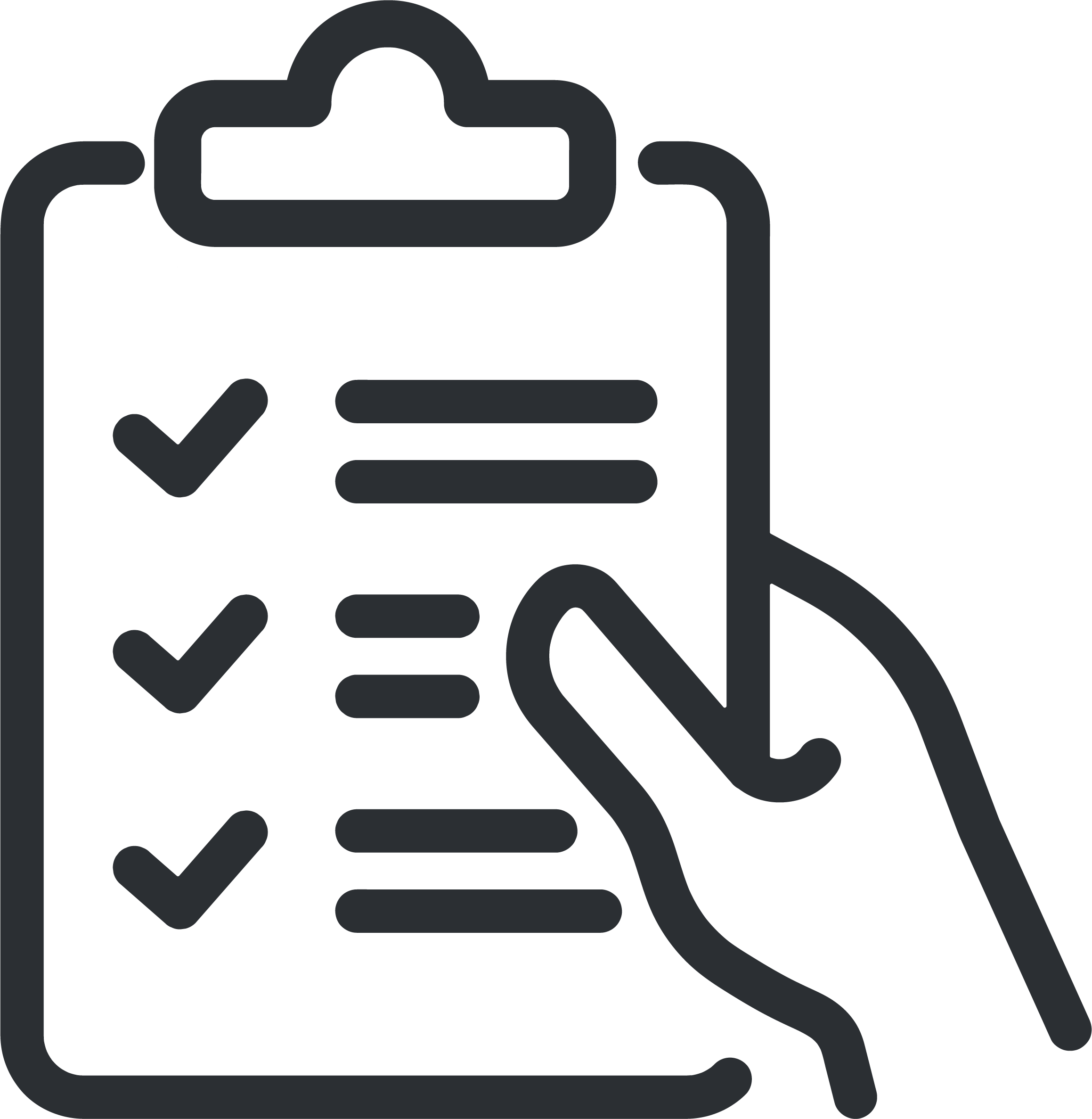 Outline illustration of a hand holding a checklist clipboard with three checkmarks.