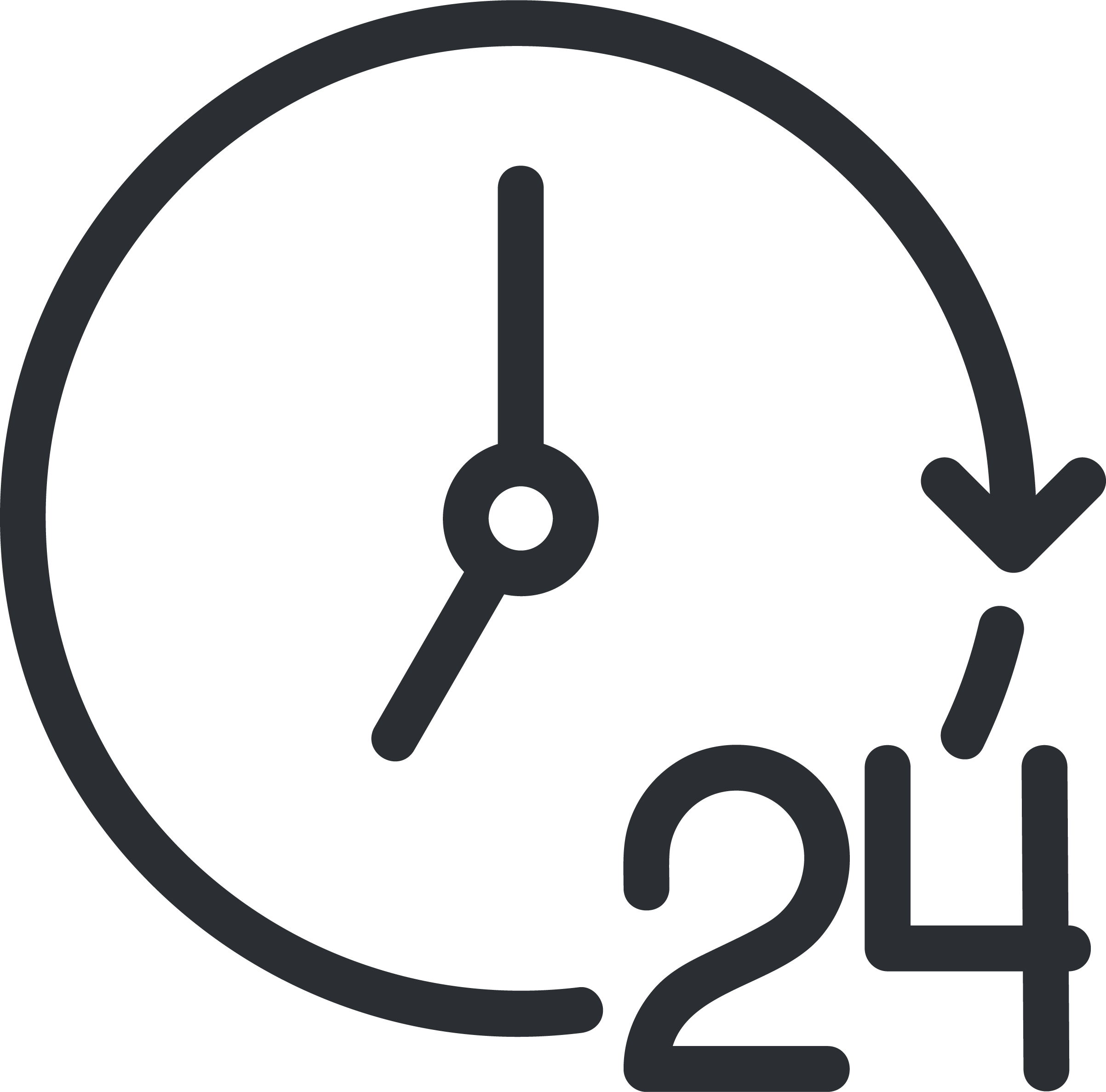 Clock showing 12 o'clock with an arrow pointing to 24.