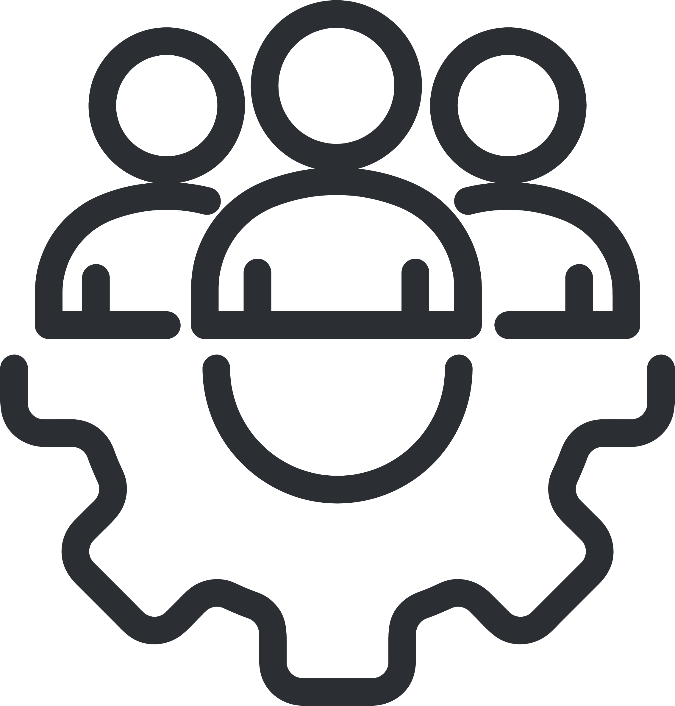 Icon of three people behind a gear, representing teamwork or collaboration.