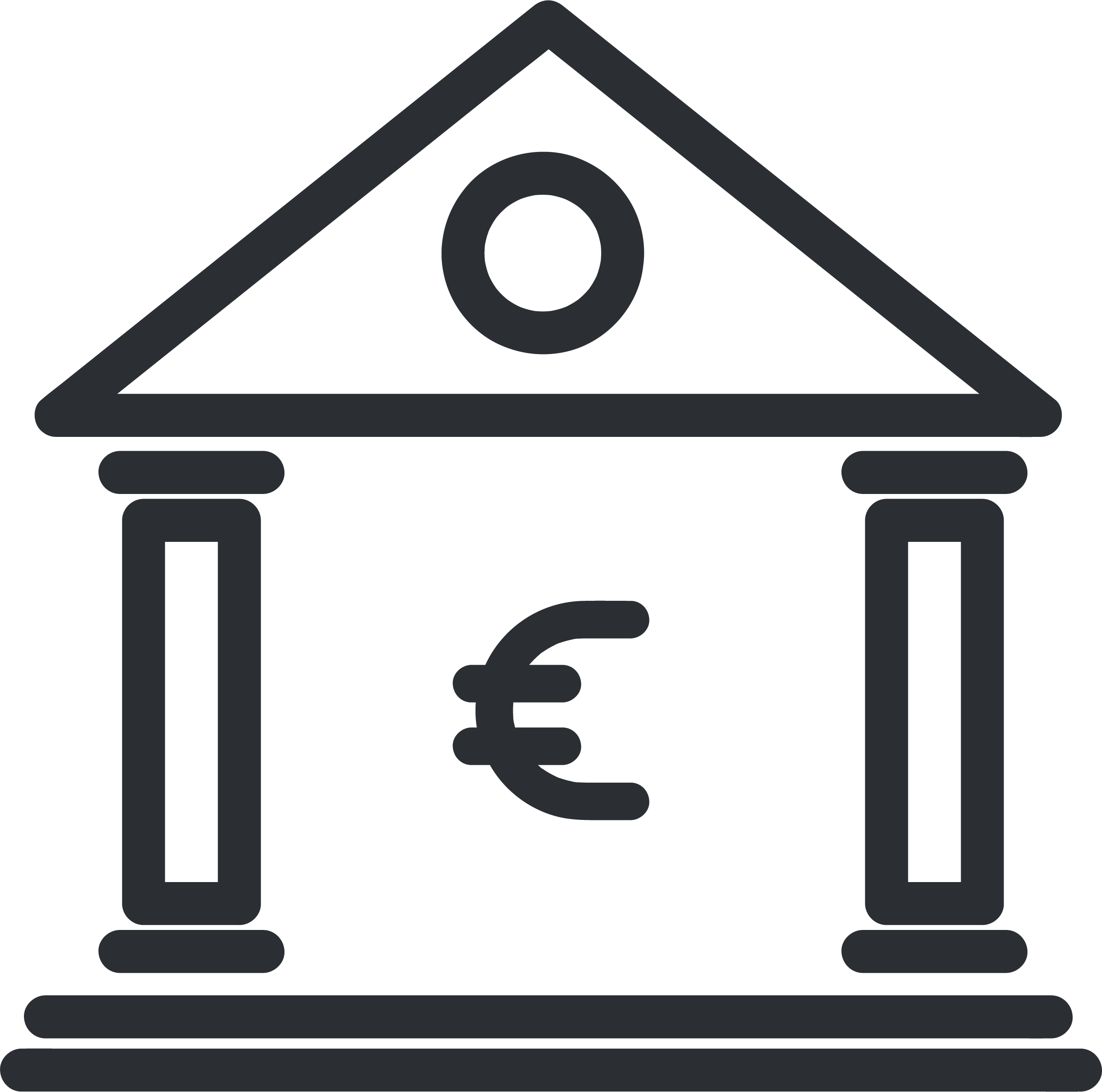Outline of a bank building with pillars and a triangular roof, featuring a euro currency symbol in the center.