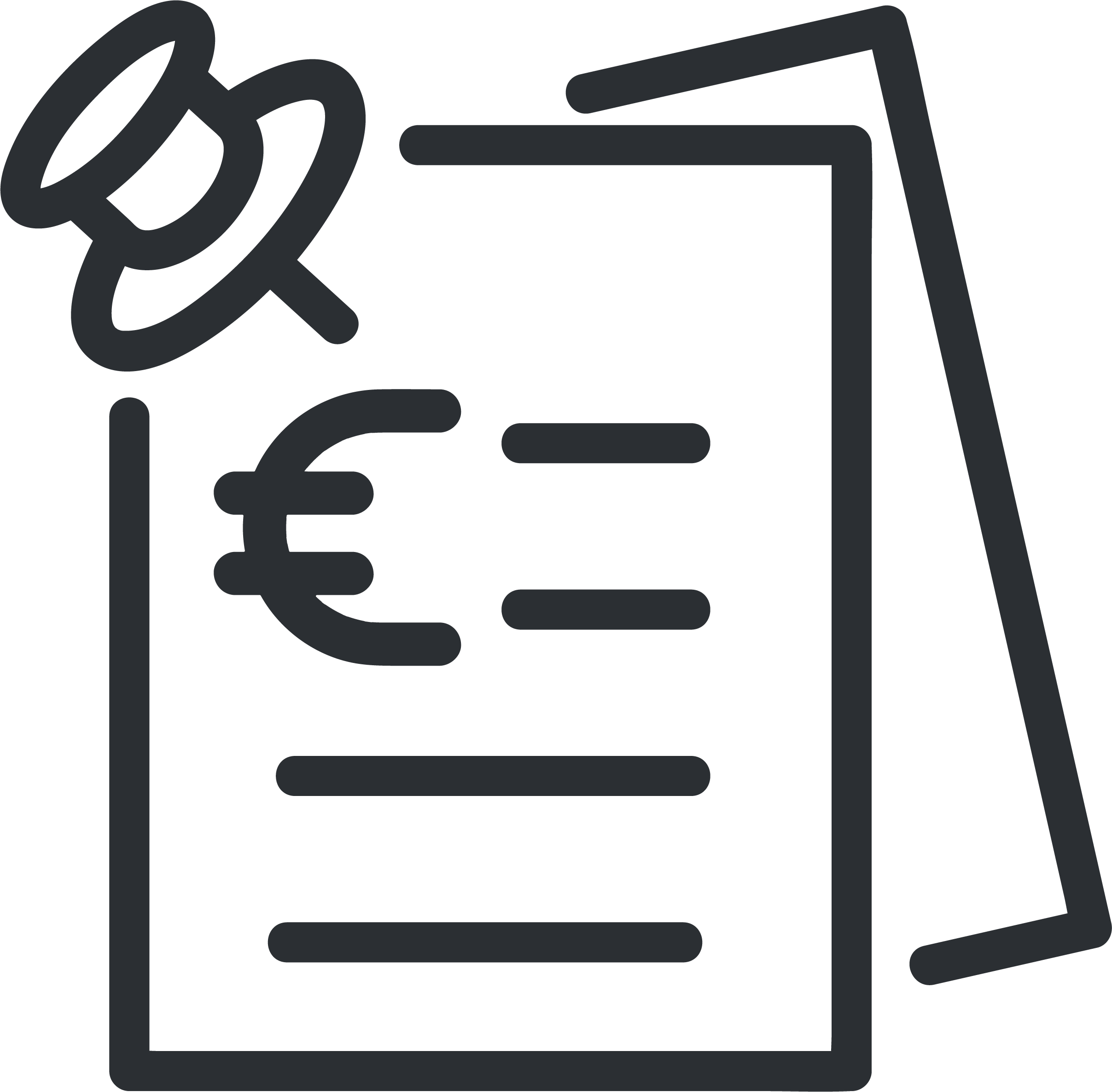 Outline of a folder with a document and a flower on top, with euro symbols and lines representing text.