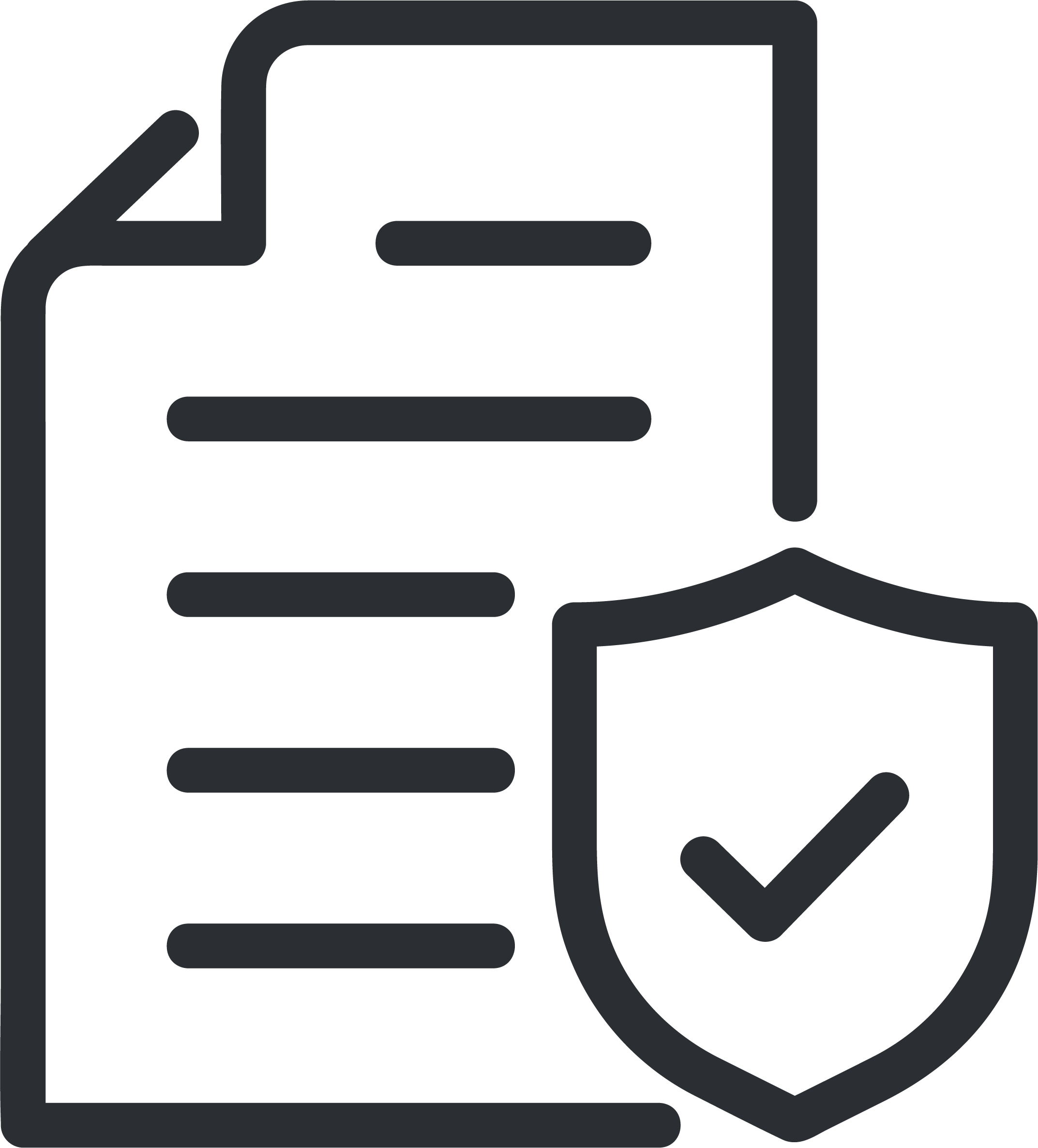 Icon of a document with lines of text and a shield with a checkmark, representing security or protection of information.