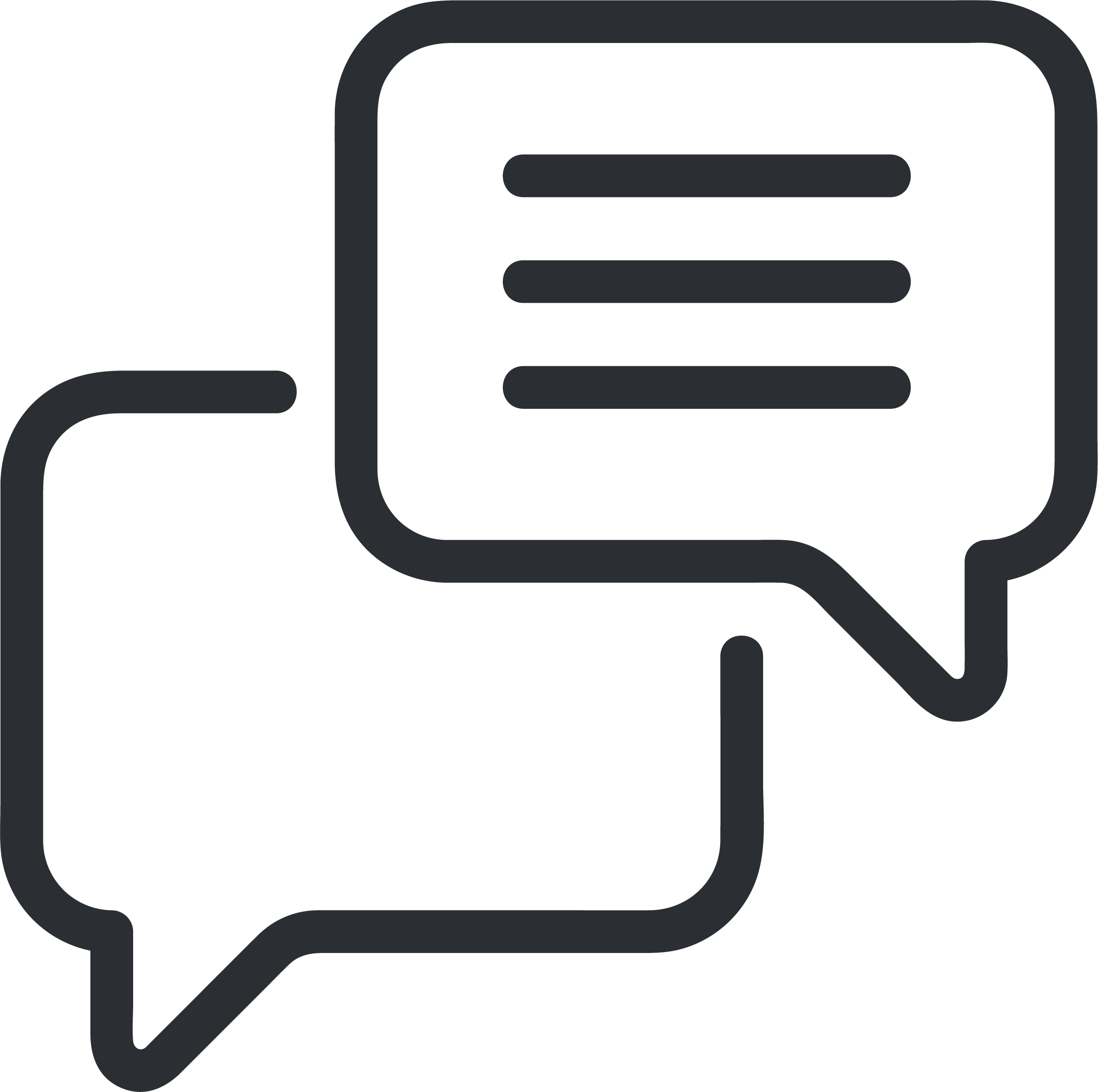 Two overlapping chat bubbles, one with three lines of text, representing conversation or communication.